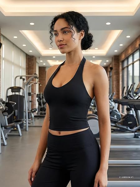 YEOREO Women's Halter Crop Top V Neck Workout Going Out Tank Top Hazel Padded Sleeveless Backless Trendy Summer Camisole - 3