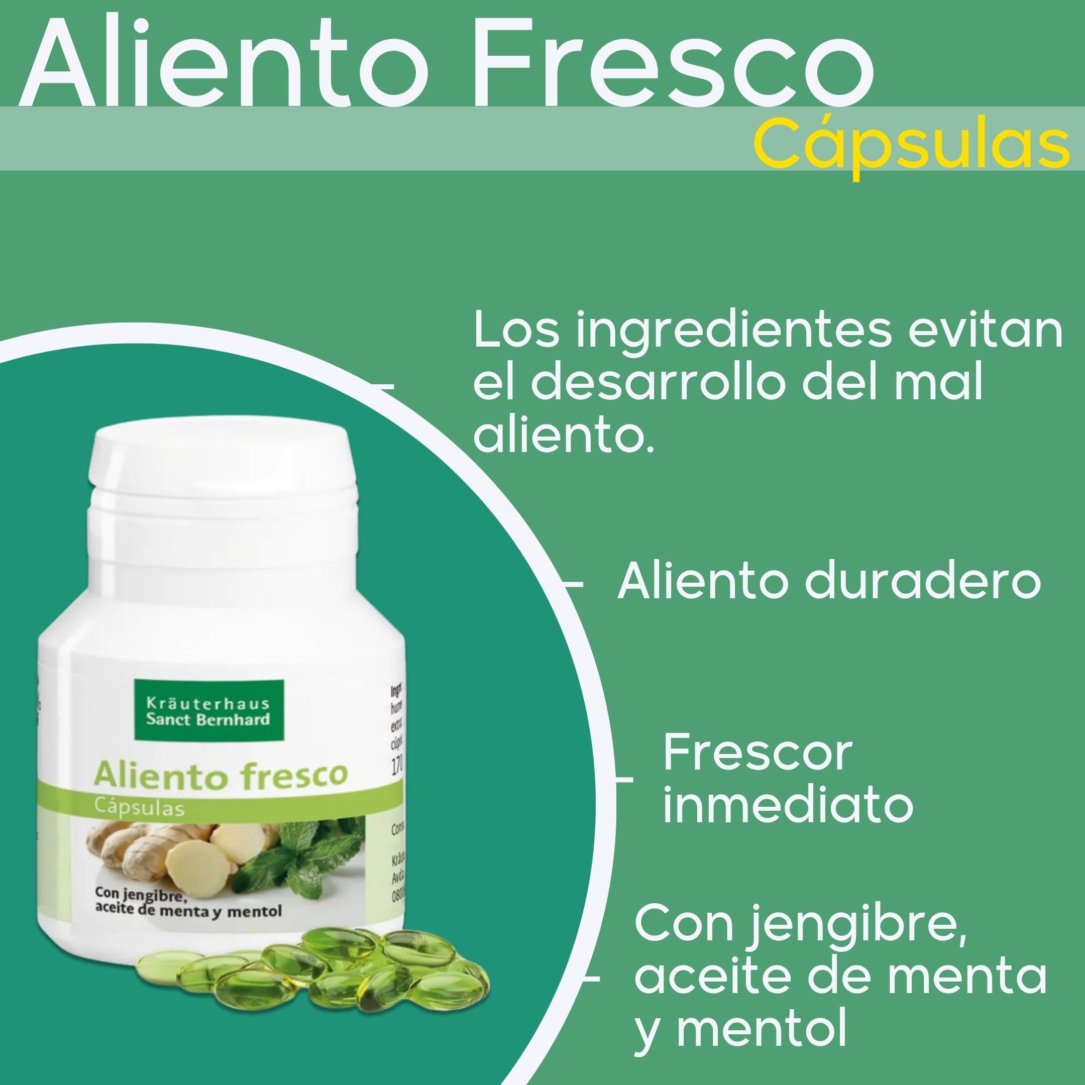 Aliento Fresco 170 Cápsulas contra Mal Aliento con Jengibre, Menta y Mentol
