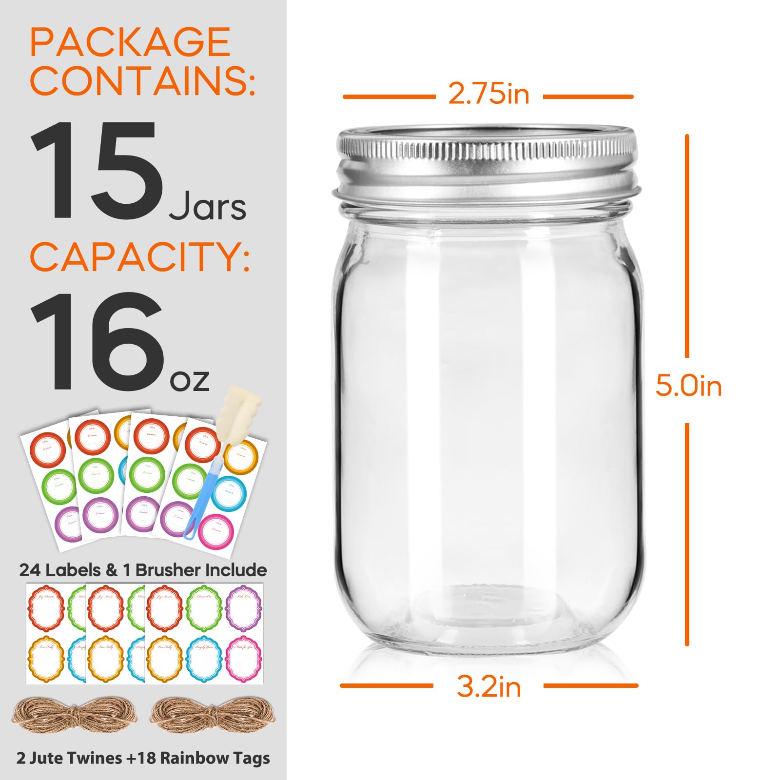 16oz Mason Jars - 15 Pack Canning Jars -3
