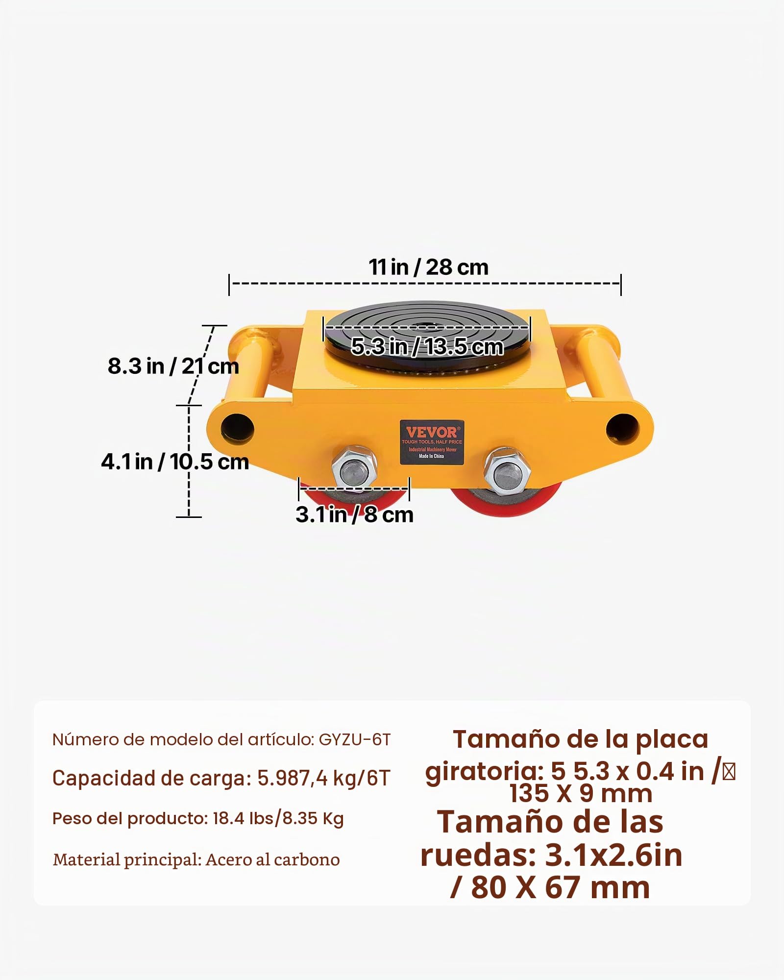 VEVOR Patín de Transporte de Maquinaria de Acero al Carbono Ruedas para Mover Muebles Pesados Carga de 6 T con Base Antideslizante Rotación de 360° de 4 Ruedas de PU para Almacén Taller Fábrica Hogar