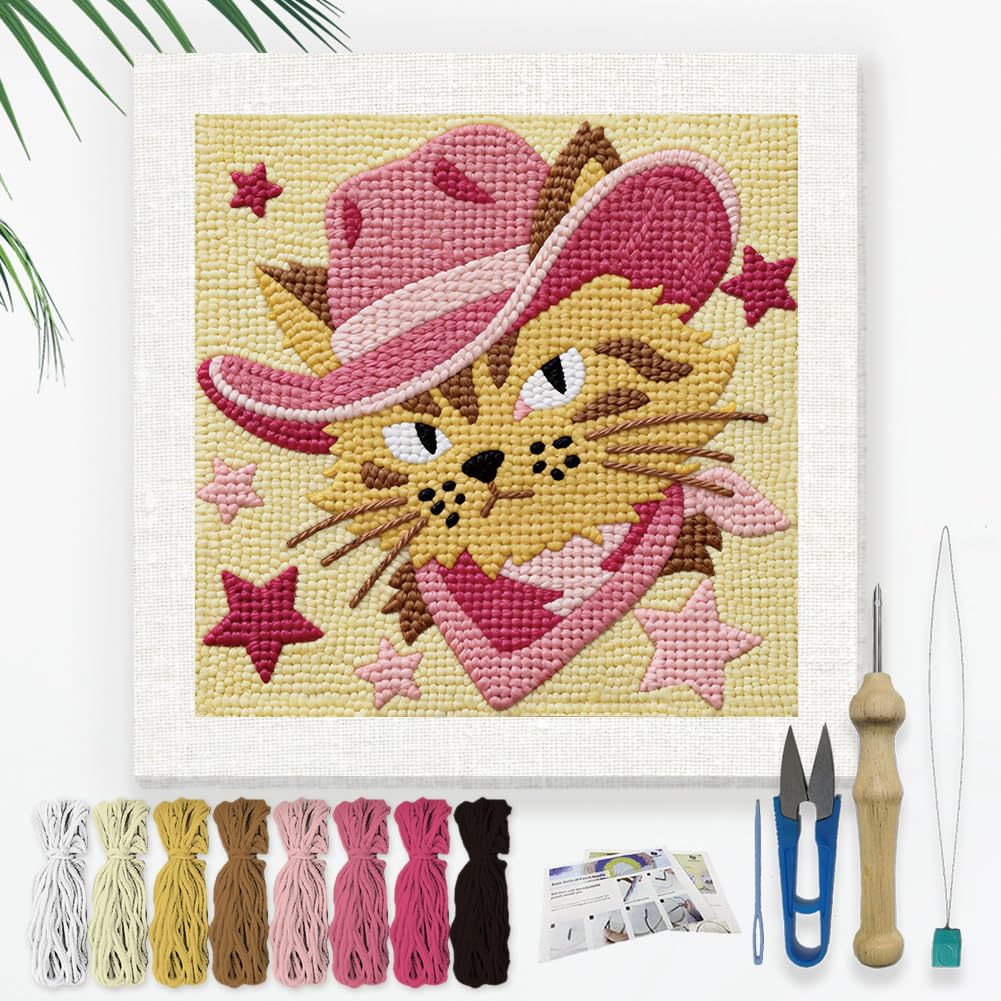 DOODLREAM Cowboy Cat DIY Punch Needle Embroidery Kit for Adult Beginner, 24cm Cat Wearing a Cowboy Hat Punch Stitching Craft Set for Starter with Frame, Fabric Pattern, Threader, Yarn, Punch Needle — image 1