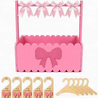Pink Bow Wooden Baby Shower Crate Closet Charming Storage Basket with 5 Hangers 5 Bow Dividers 4 DIY Bows Easy Assembly Storage Crate Hamper Gifts for Baby Shower Pregnancy