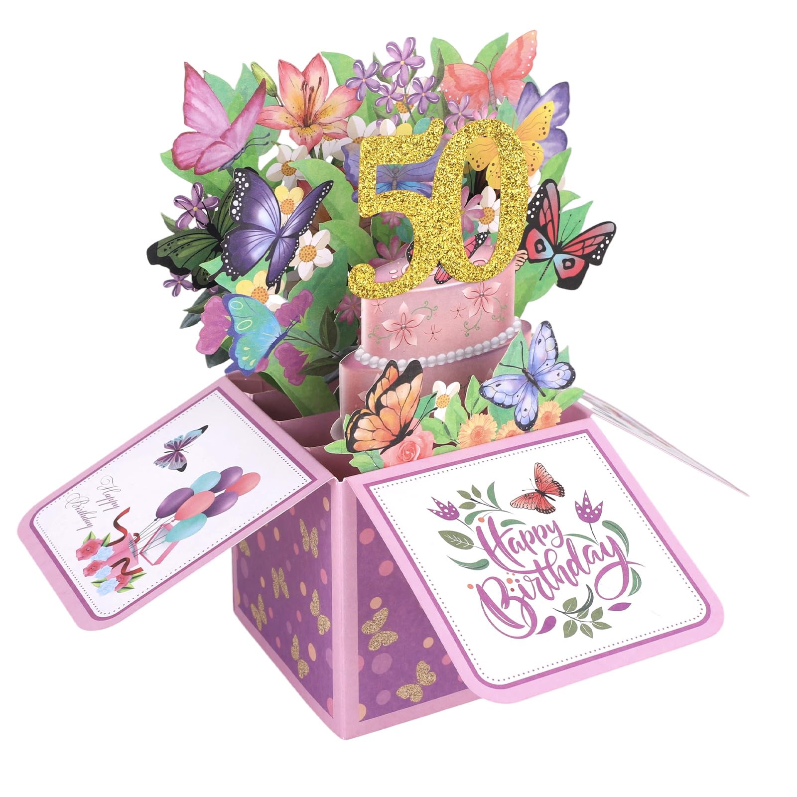 50th Birthday Pop Up Card with Envelope, 3D Colored Butterfly Floral Blooming Happy Birthday Greeting Card for Women Mom Wife Sister Creative Gift Ideas
