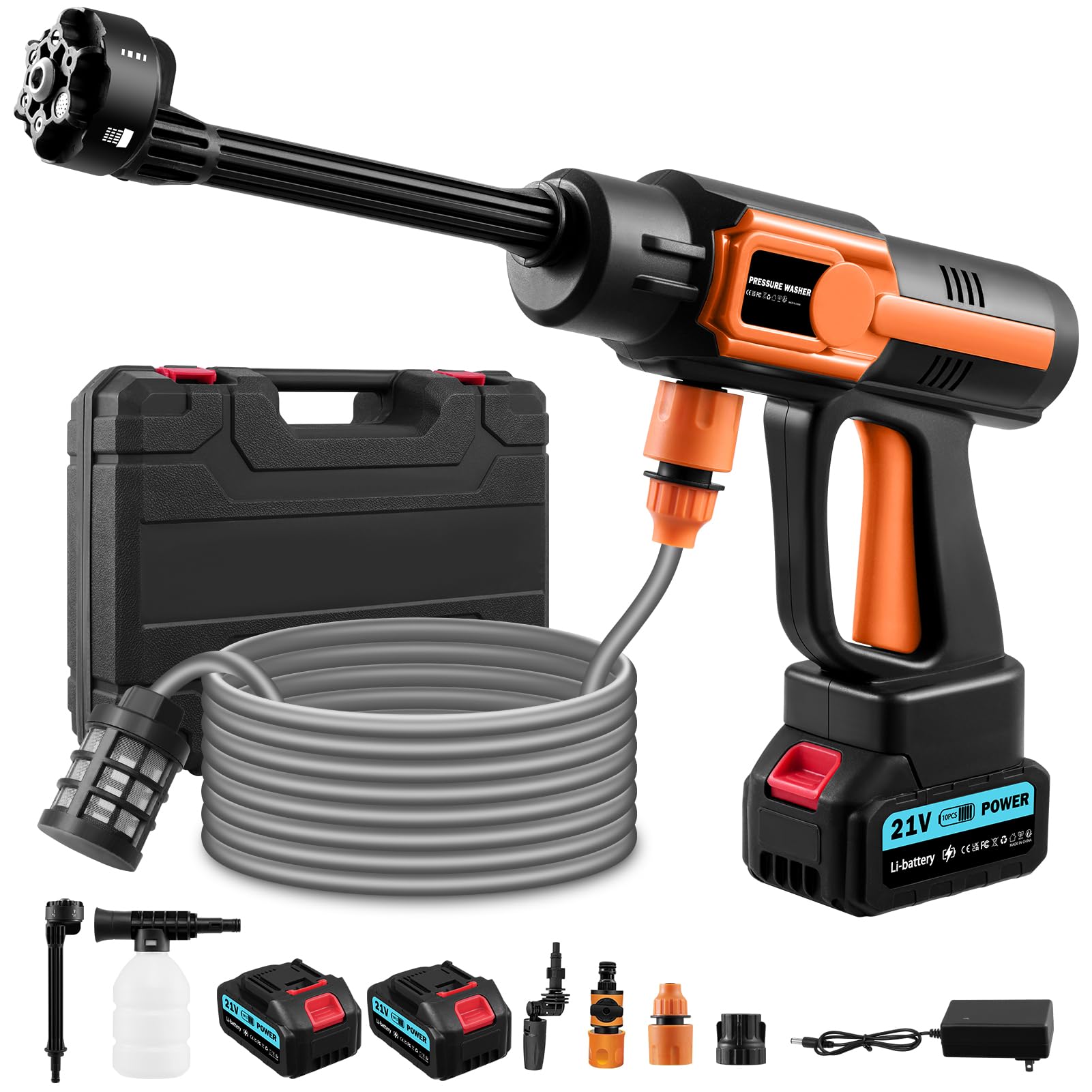 Hidrolimpiadora de Bateria, 3000W Hidrolimpiadora de Alta Presión Portátil, 120Bar/1750 PSI Pistola Agua Presion Bateria, Boquilla Ajustable6 En 1 con 2 Baterías de 21V 3000mAh Adecuado para Varios
