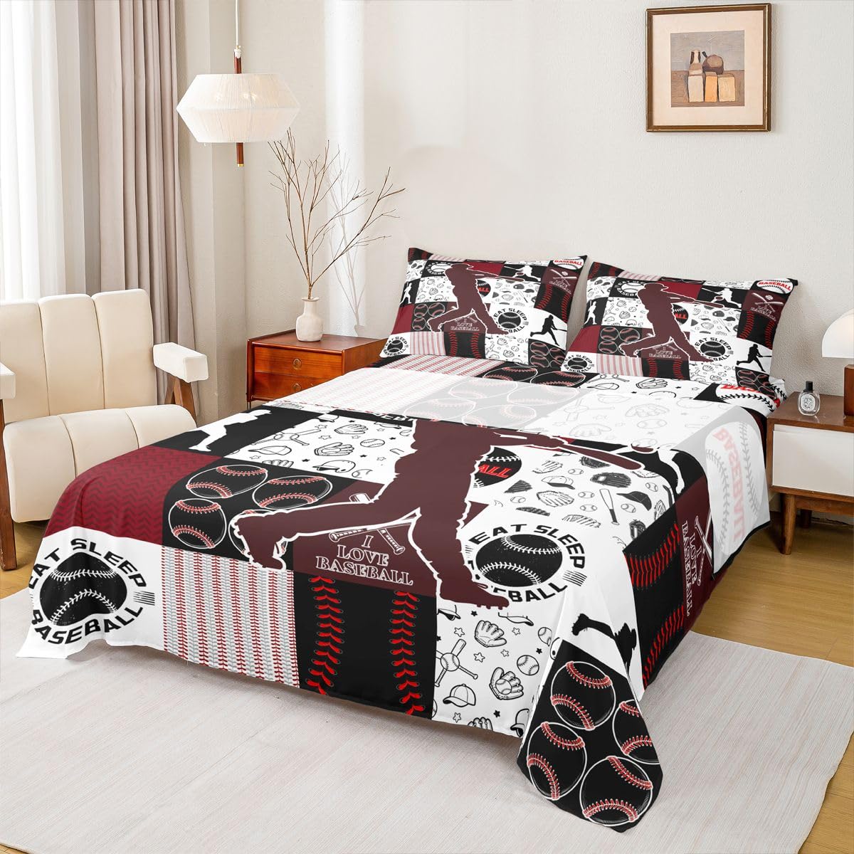 Castle Fairy Patchwork Baseball Fitted Sheet King Size with 2 Pillowcases,Sports Geometric Grid Red Bed Sheet Set,Baseball Player Top Flat Sheet Luxury Microfiber Breathable