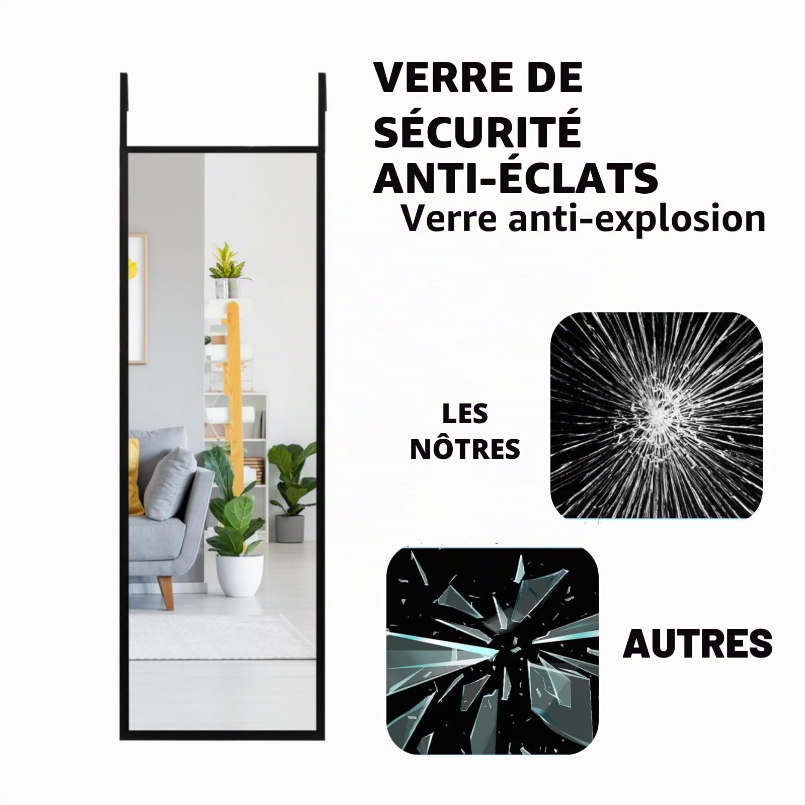 LIFEZEAL Miroir Mural Long, Miroir Suspendu Porte avec Crochet Réglable en Hauteur, Miroir Rectangulaire, 107,4 x 36,5 cm, pour Salon,Chambre à Coucher, Salle de Bain, Moderne (Noir)