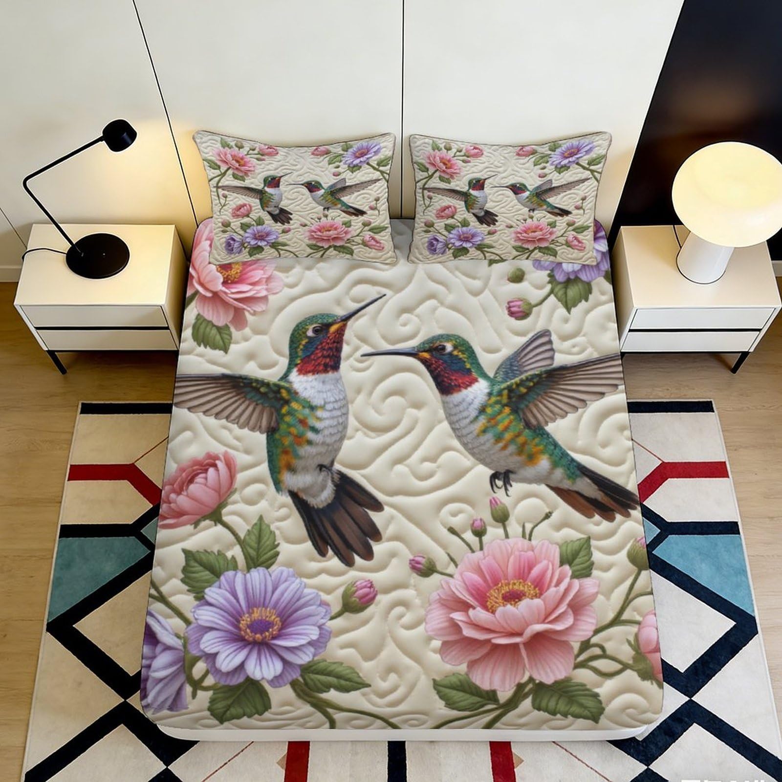 3D Printed Hummingbird Floral Fitted Sheet Microfiber Soft Breathable Peony Mattress Cover for Bedroom Guest Room Decor 90x200x25cm