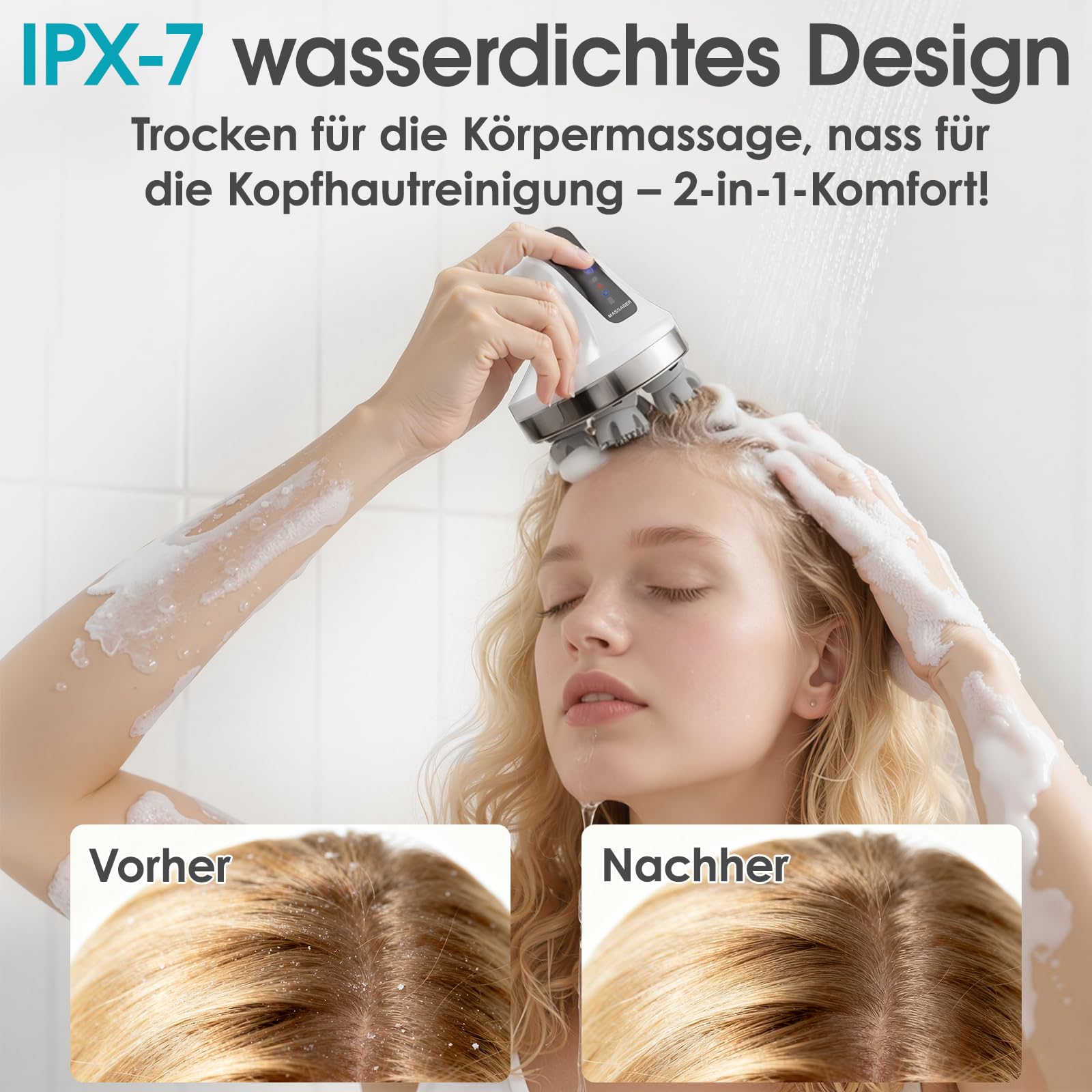 Kopfhautmassagegerät Elektrisch 4D, Nacken- und Schultermassagegerät mit 108 Silikon-Knetknoten, Kabelloser Körper-Massager für Beine & Rücken, IPX7 Wasserdicht, 4 Modi, Stressabbau - Weiß