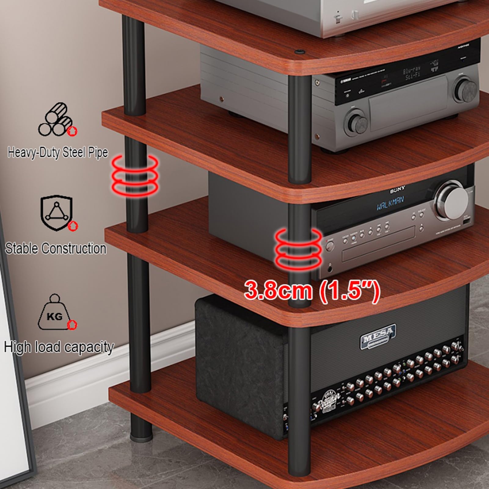 Supporto multimediale AV multifunzione, con piedini regolabili, supporto per lettore CD indipendente, armadietto per componenti stereo con ripiano in legno per casa, ufficio, home theater (noce, 3
