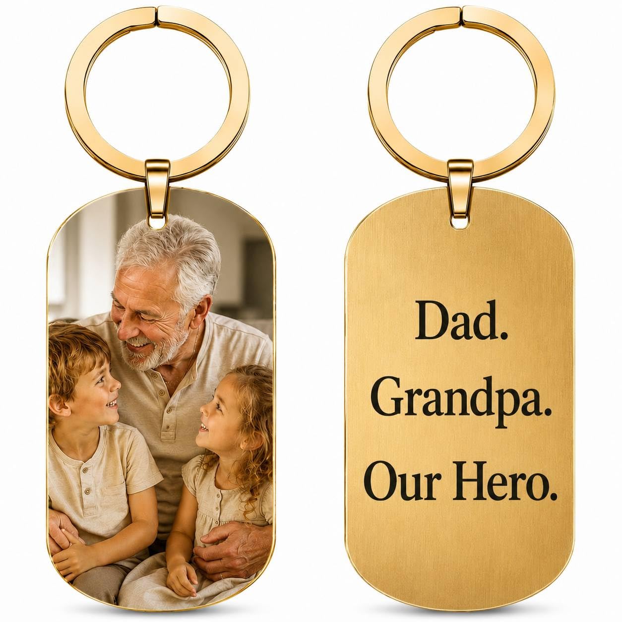 Charmify Engraved Personalised Photo Keyring – Custom Double-Sided Picture Keychain w/Photo&Text – Keepsake Gift Anniversary Birthday Valentines Gifts Christmas – (Gold) Stainless Steel Key Ring