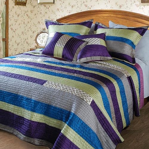 Miniatura 1 de DaDa Bedding - Juego de colcha de retazos a rayas, moderno, azul satinado y morado, individual, 3 piezas