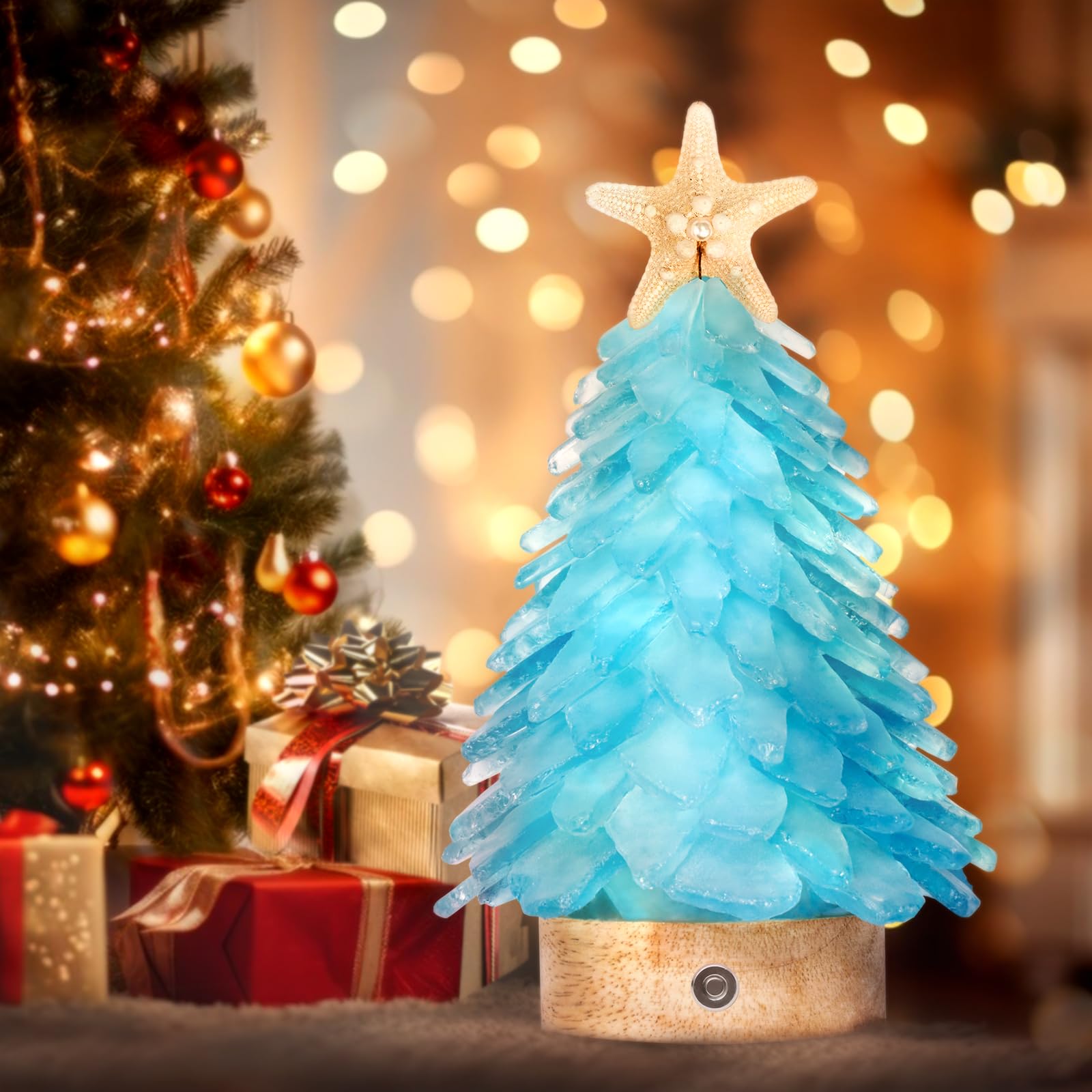 Sapin de Noël en verre bleu – Mini sapin de Noël fabriqué à la main avec lumières LED 3 couleurs, centre de table – Idéal pour Noël, Nouvel An, décoration d'intérieur, décoration de vacances côtières