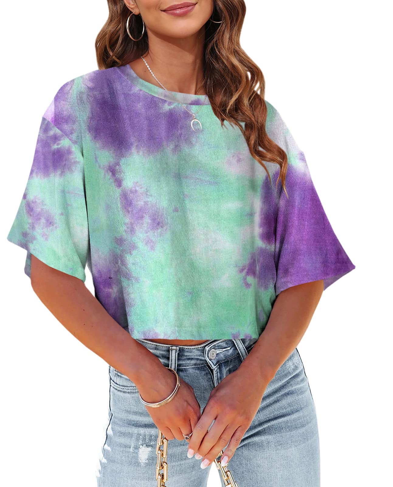 Tankaneo Women Half Sleeve Cropped T-Shirts Drop Shoulder Round Neck Crop Tops Casual Summer Solid Color Basic Tees