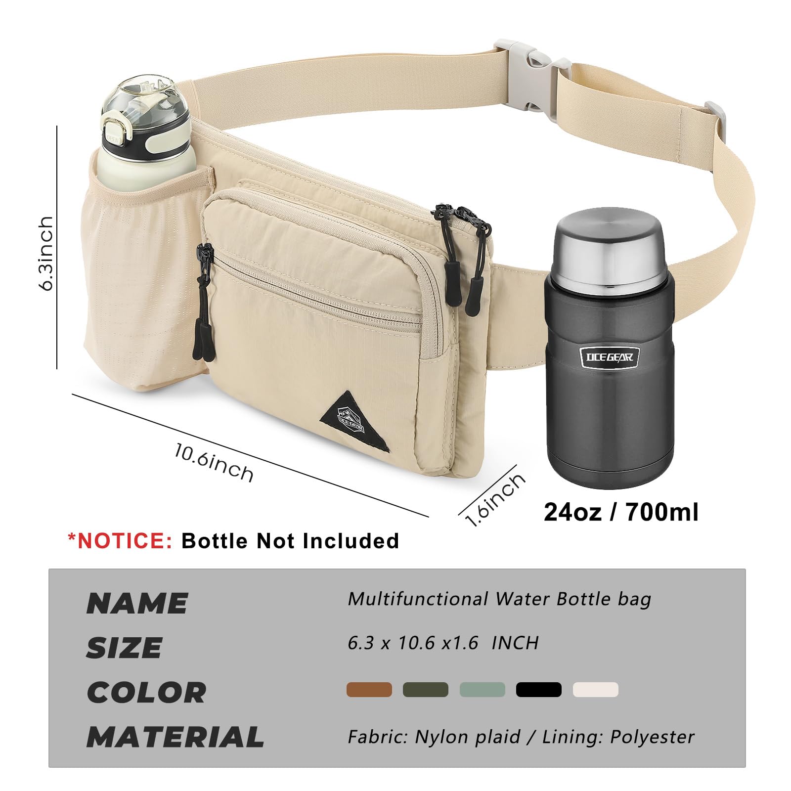 Riñonera con soporte para botella de agua para hombres y mujeres, riñonera para correr, impermeable, para viajes al aire libre, ciclismo, escalada, caminar, para todos los teléfonos, Beige 2