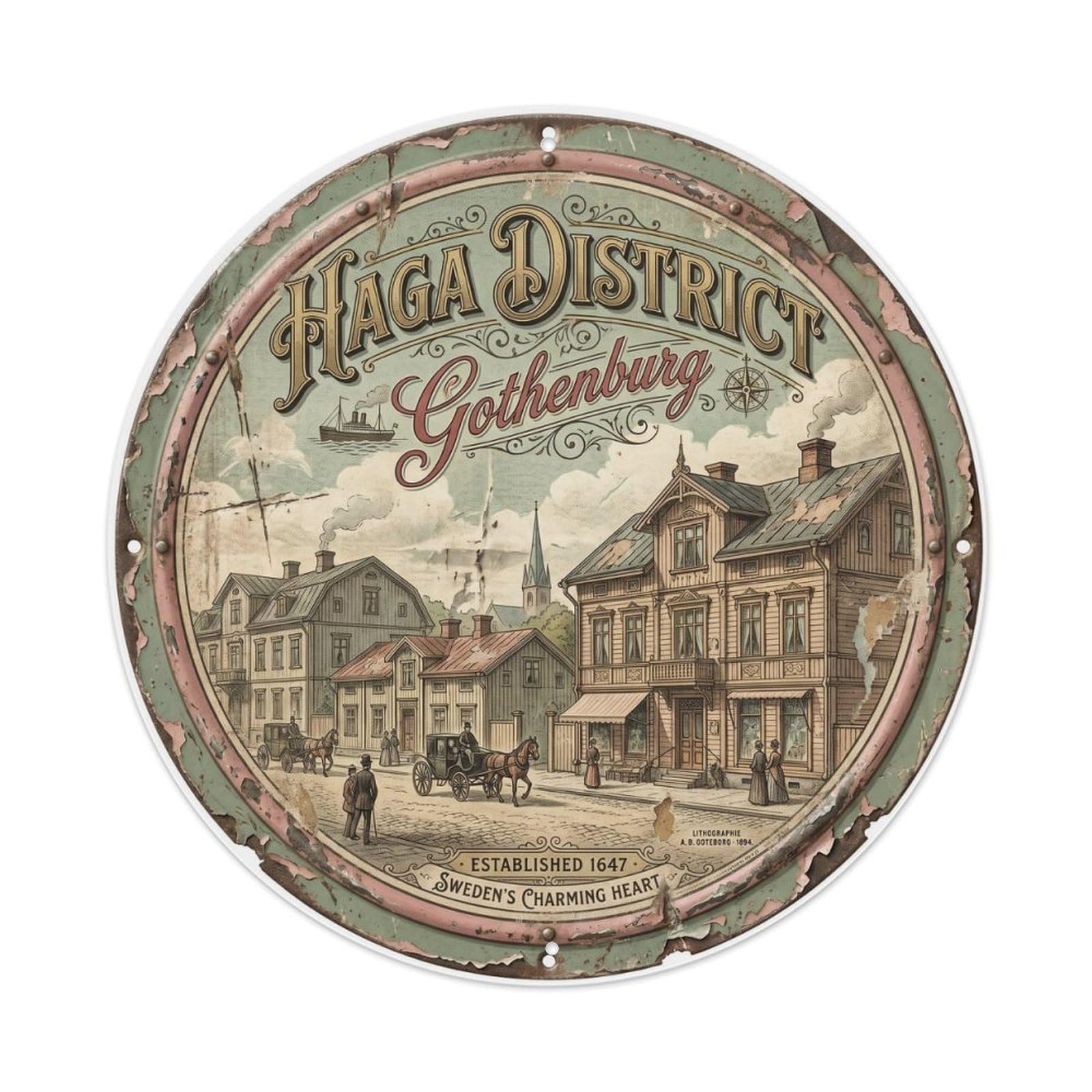 Vintage Travel Haga District Sweden Metal Tin Sign Plaque Wall Decor for Cafe, Club Bar, Office, Home Garden Round Metal Poster 8x8Inch