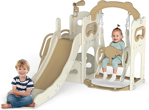 Parque infantil 6 en 1 con columpio, toboganes para niños con escalador, aro de baloncesto, telescopio y espacio de almacenamiento, tobogán para