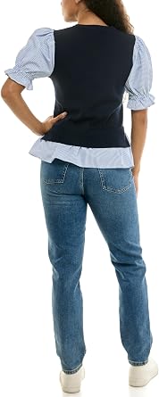 Nanette Nanette Lepore Short Sleeve Combo Fabric Two-Fer Sweater with Poplin Sleeve and Underset, Nanette Navy/White, M