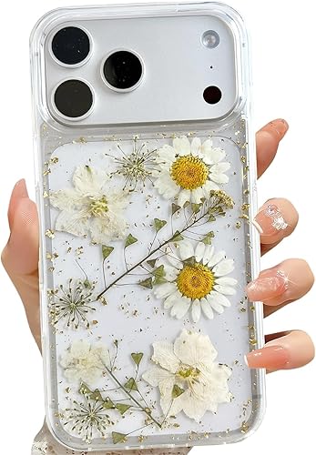 Miniatura 47 de Funda transparente para iPhone 16 Pro Max con diseño de flores reales presionadas, patrón floral rosa brillante y lindo, funda protectora de TPU