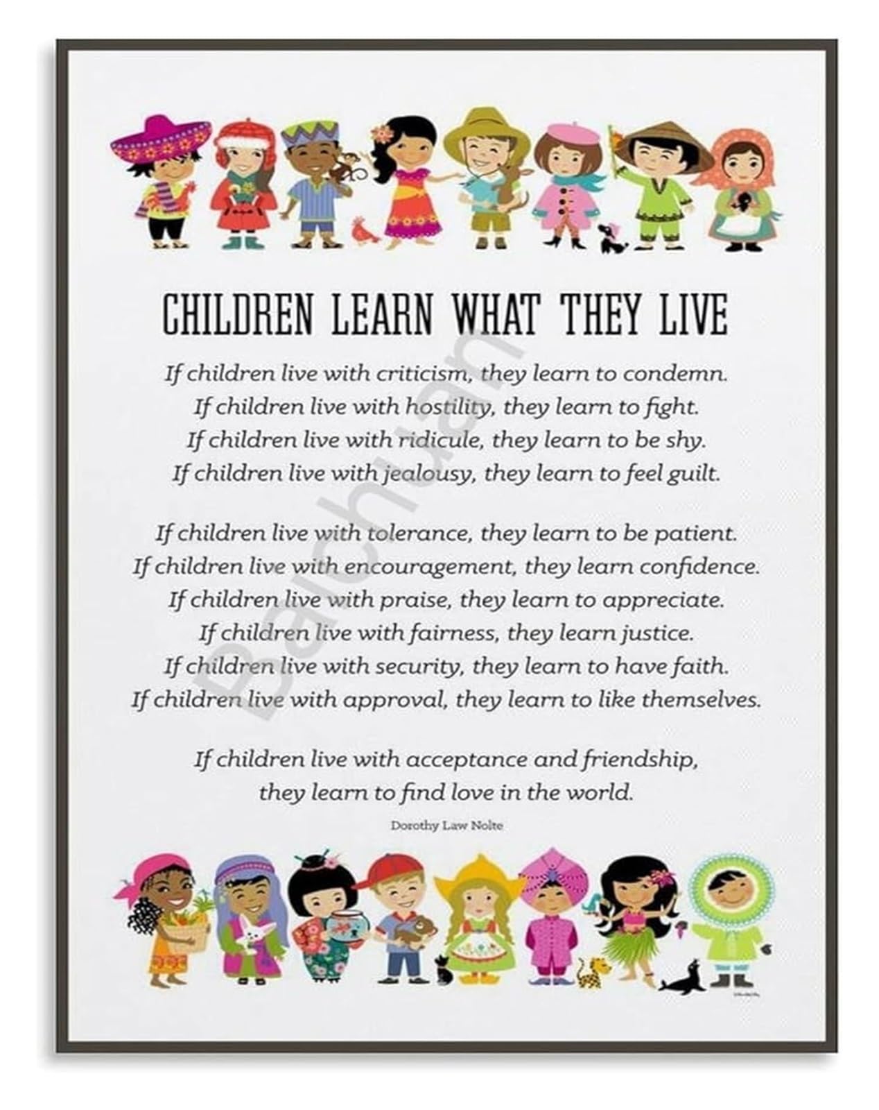FOPURE Inspirational Learn What They Live Poem Parenting Quote Poster Wall-Art for Nursery Decor Home Bedroom Educational(Framed,12x18inch(30x45cm))