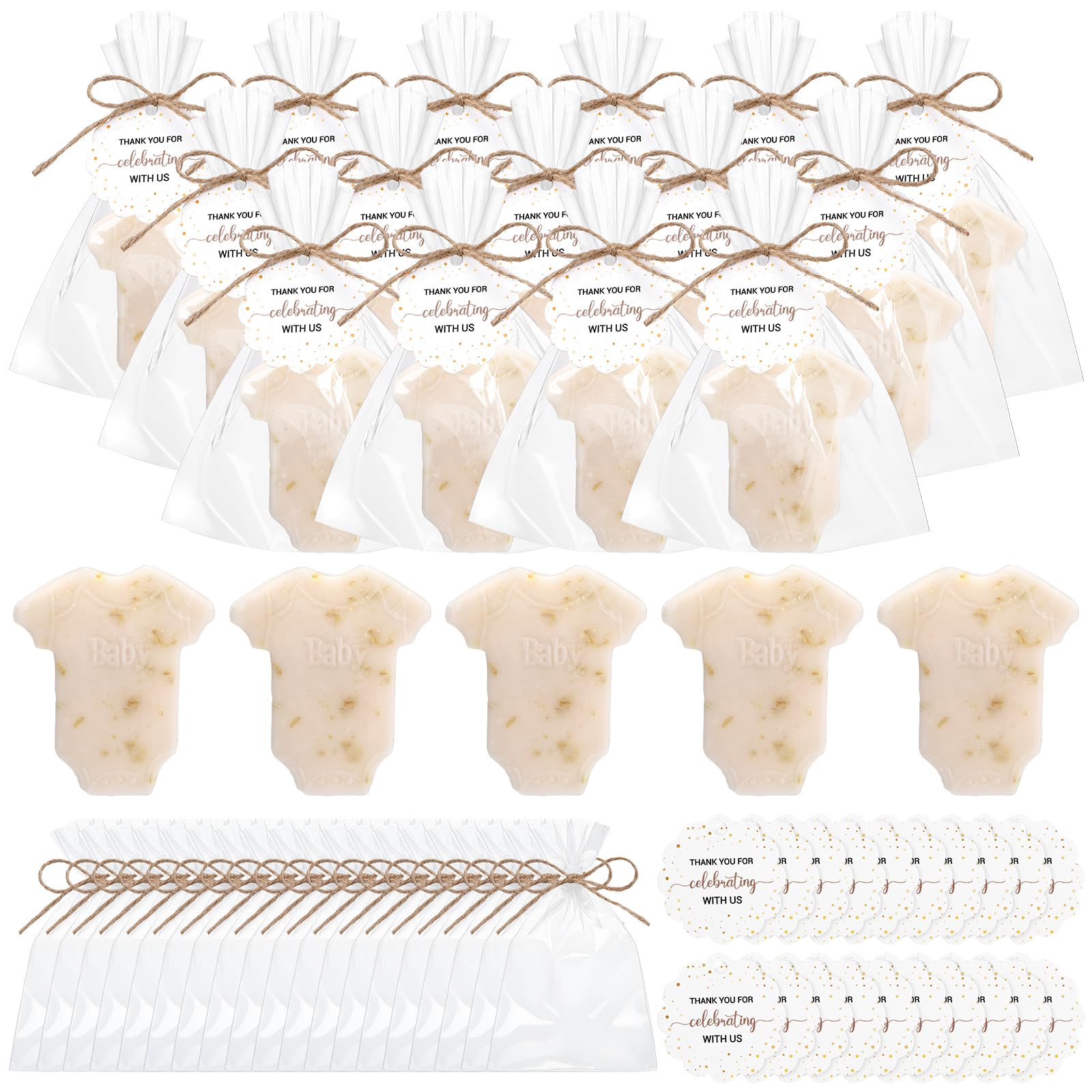 Leelosp 20 juegos de jabón para baby shower, regalos para invitados, mini jabones de ropa, regalo a granel, bonito jabón hecho a mano con etiquetas de agradecimiento y bolsas para juegos de baby