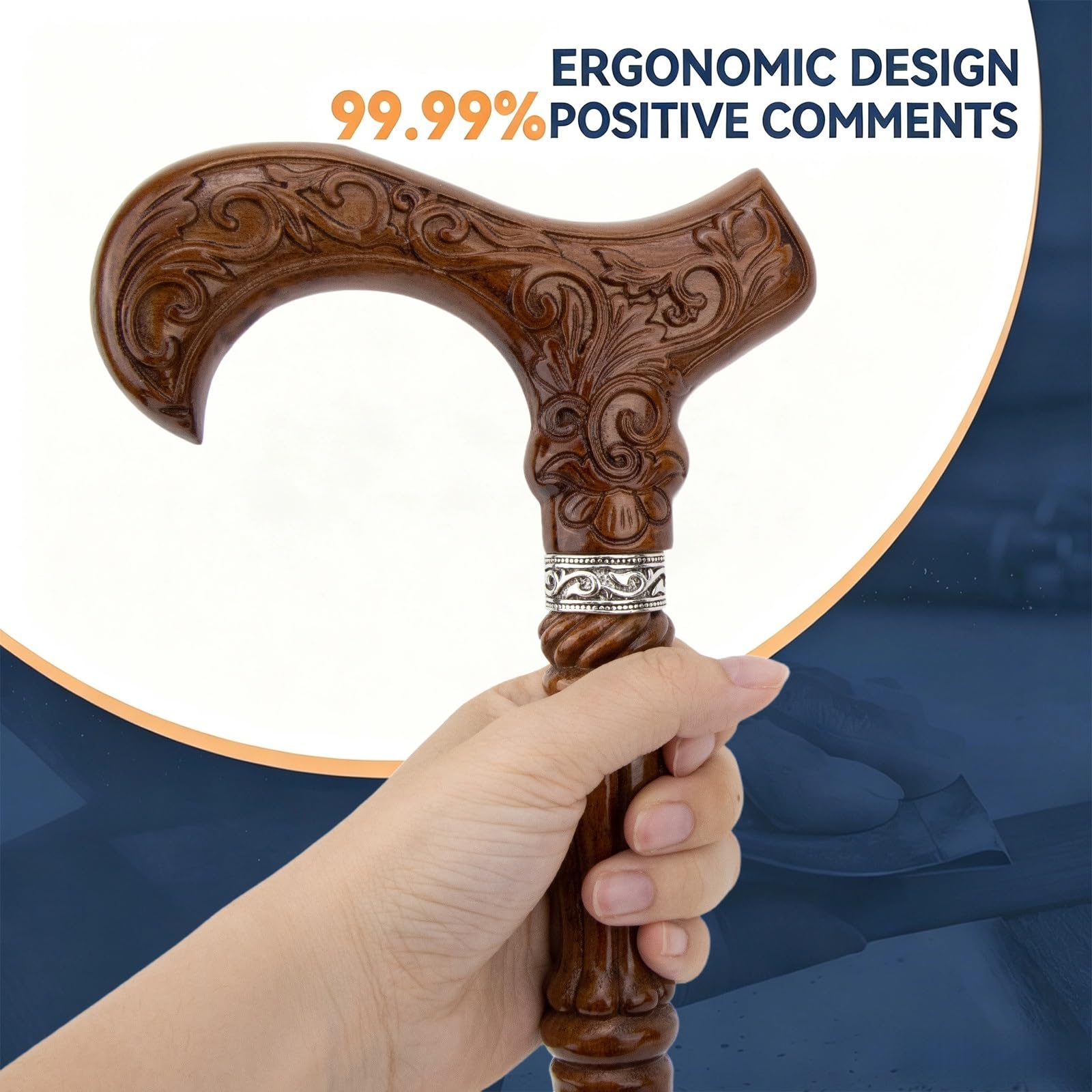 Bastón de Madera, Motivo Floral Tallado a Mano, Unisex, Alta Capacidad de Carga, Mango Ergonómico Confortable, Diseño Elegante