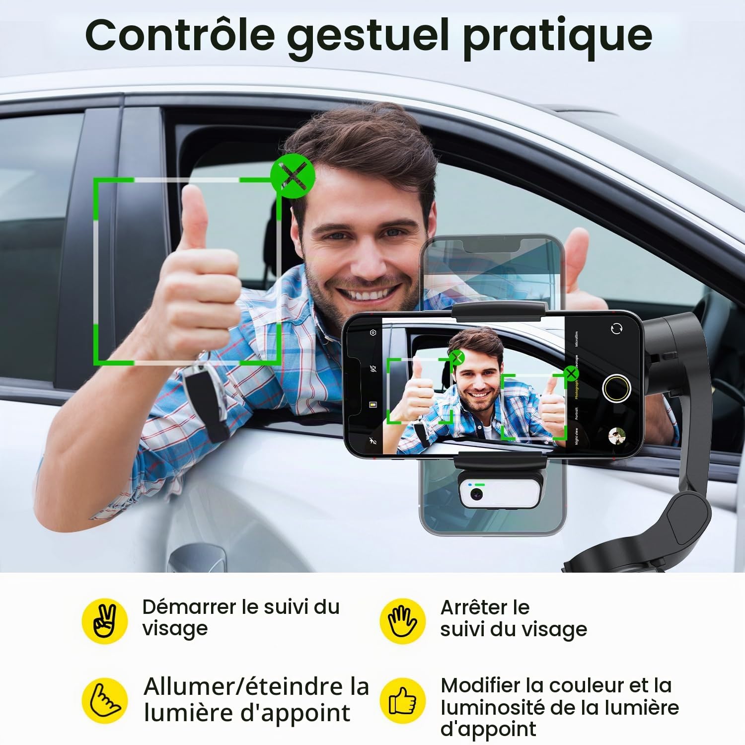 Stabilisateur Smartphone,AI Face Tracking 7.0,Gimbal Stabilisation 3 Axes,Contrôle Gestuel,Lumière Remplissage,Pliable&Portable pour Android/iPhone Vidéo,Vlogging,Youtube,TikTok
