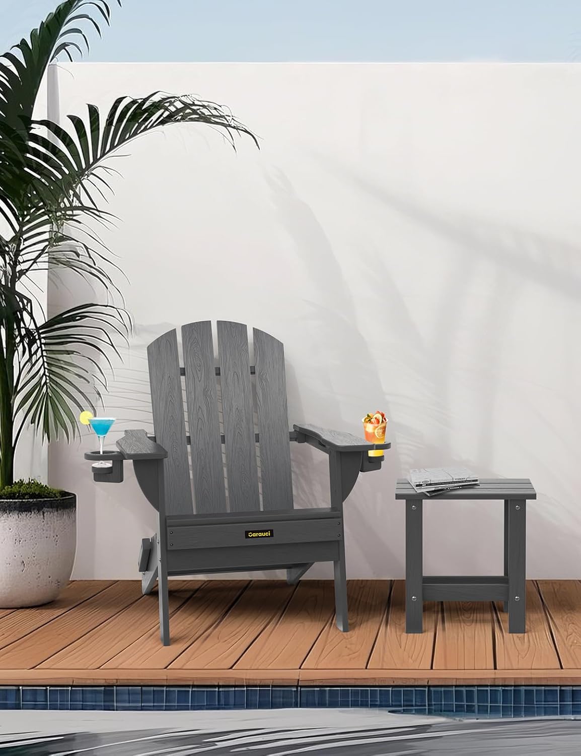 Folding Adirondack Chair, Wooden Textured Plastic Adirondack Chairs with 2 Cup Holder, Weather Resistant HDPE Fire Pit Chair, Outdoor Patio Chairs for Garden, Backyard, Lawn, Deck, 380LBS, Grey