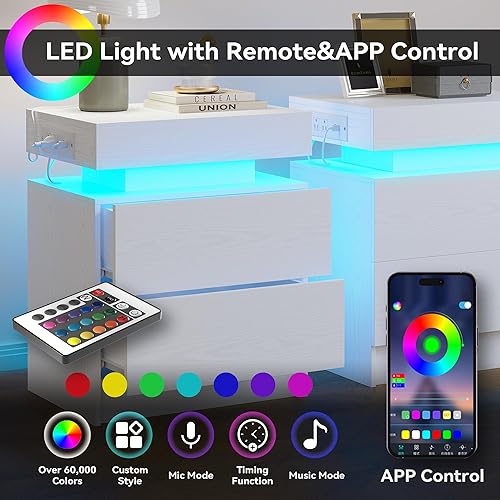 Miniatura 5 de LIKIMIO Juego de 2 mesitas de noche, moderna mesita de noche blanca con estación de carga, mesitas de noche con luz LED y cajones, mesa auxiliar
