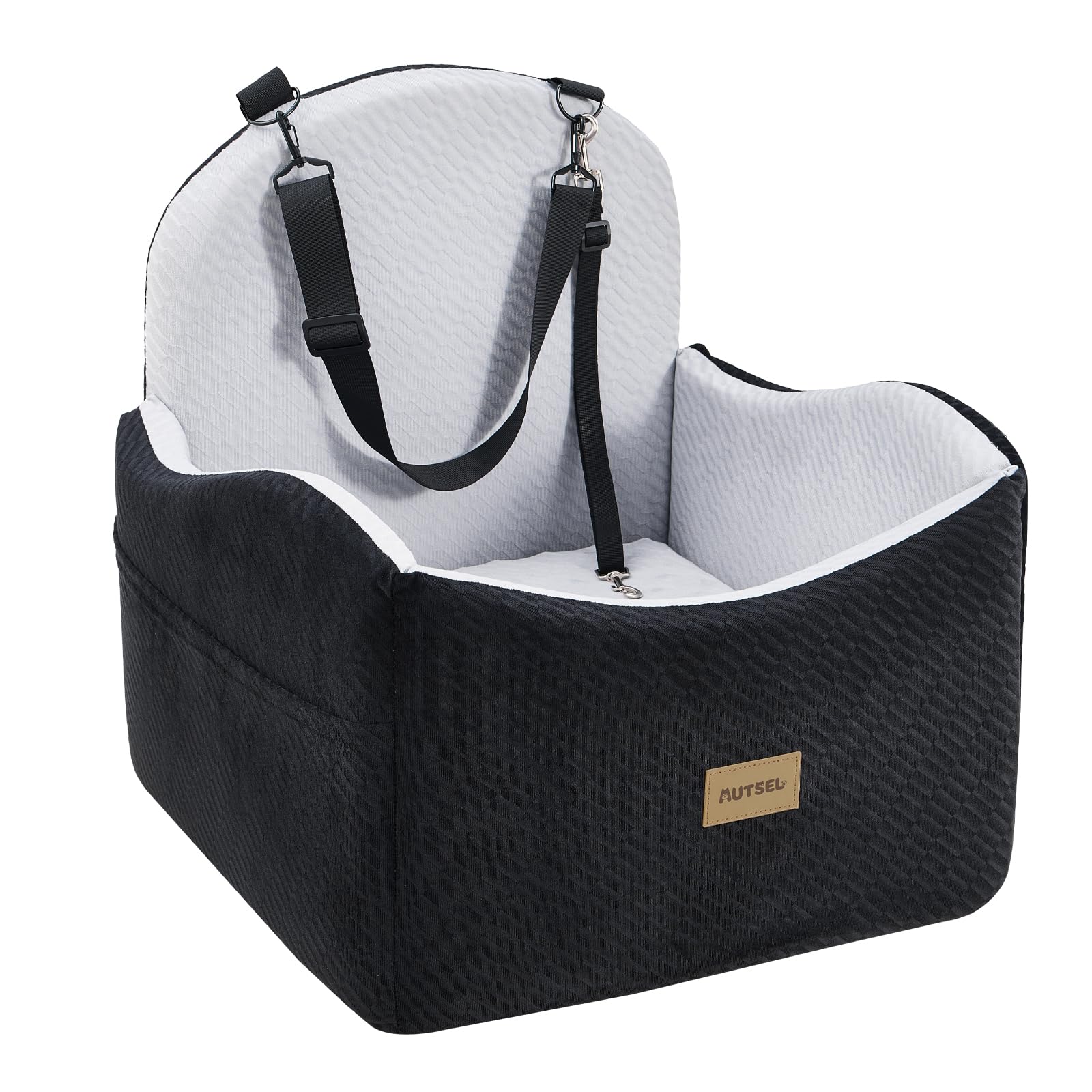 Dog Car Seat for Medium and Small Dogs - Waterproof and Washable Booster with Harness, Pockets and Non-Slip Base, for Back or Front Seat, Black-Grey
