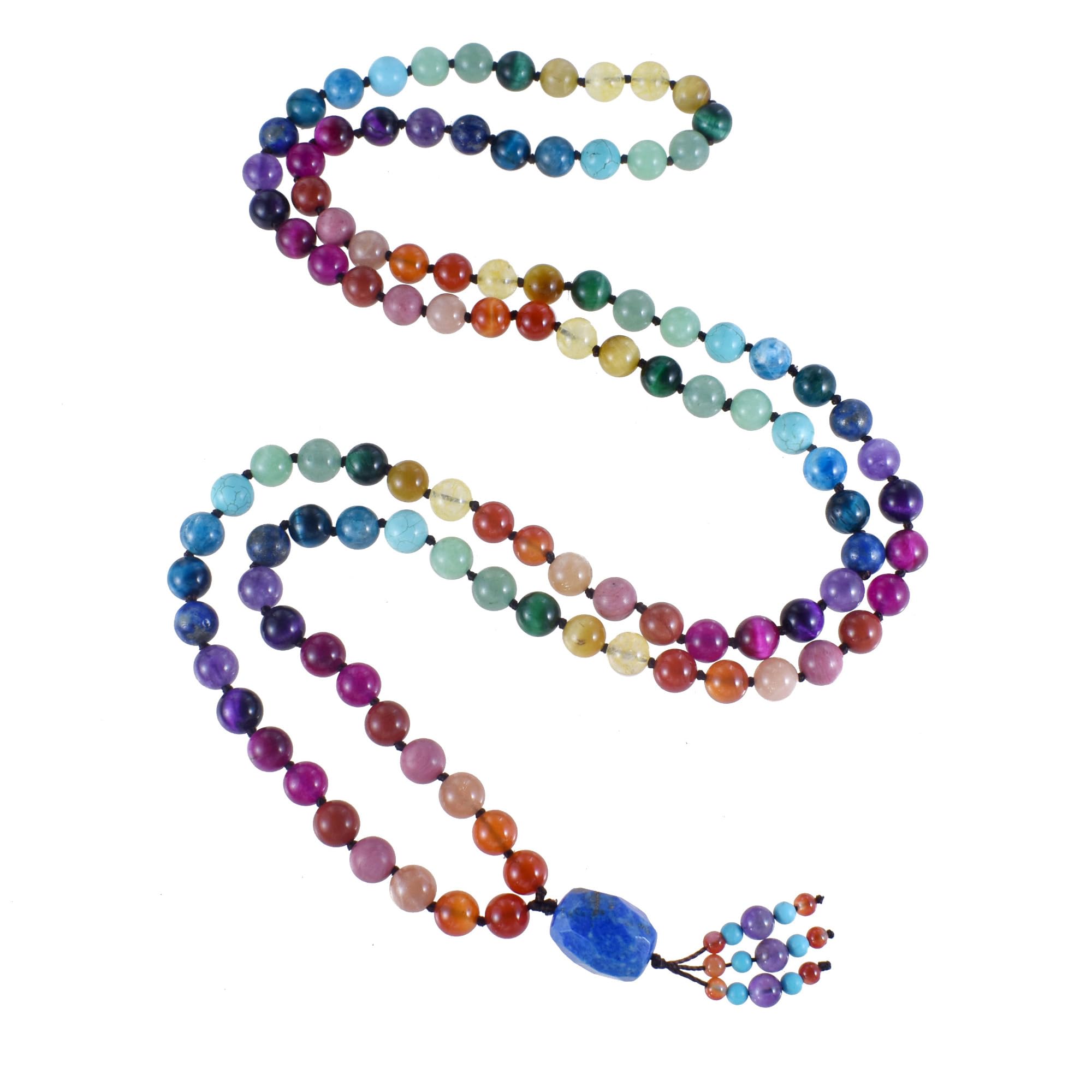 Ayriwoyi 108 Mala Beads Genuine Semi-Precious Gemstone Hand Knotted 8MM Prayer Beads Long Multicolor Necklace 40 Inches