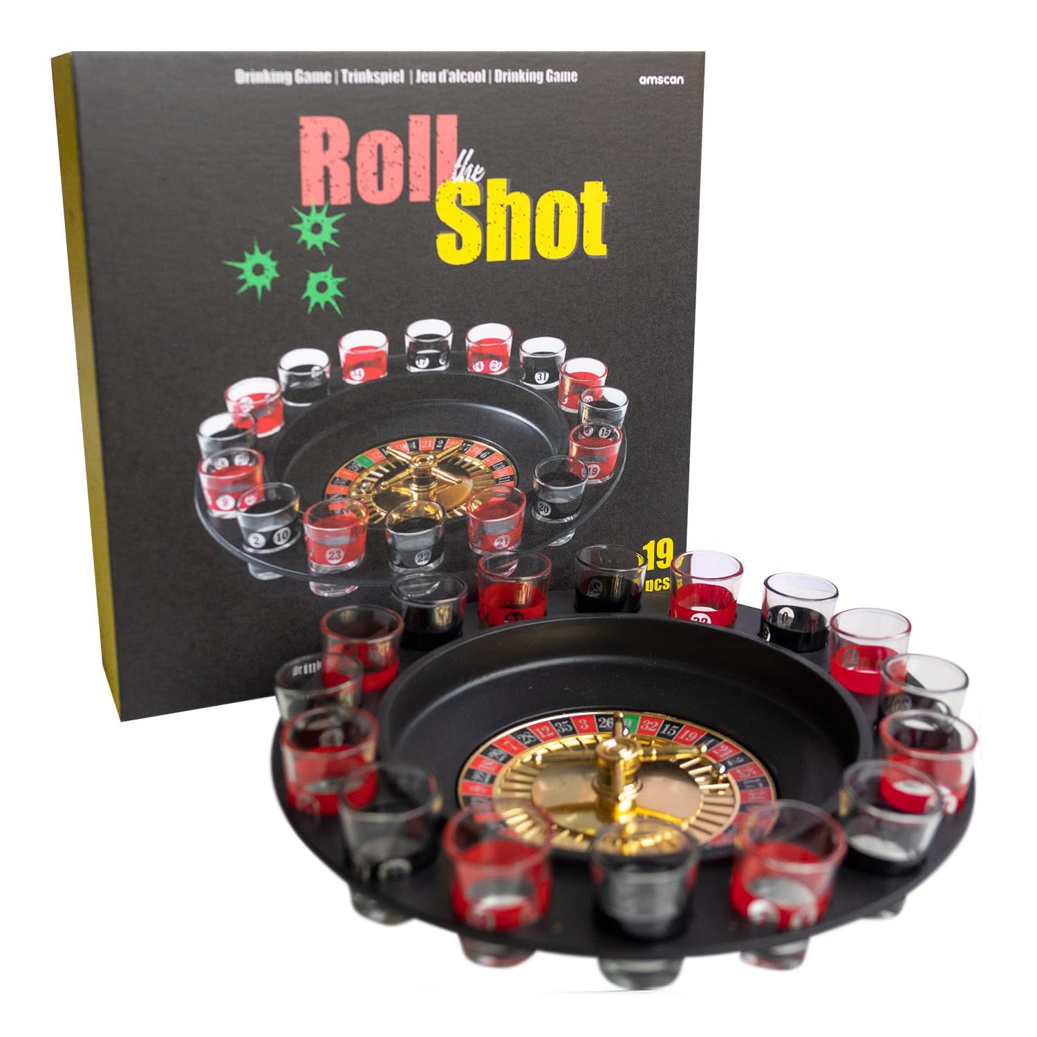 Amscan - Gioco da bere Drinking Roulette, 16 bicchieri, 2 palline, gioco d'azzardo, giochi da bere, party game