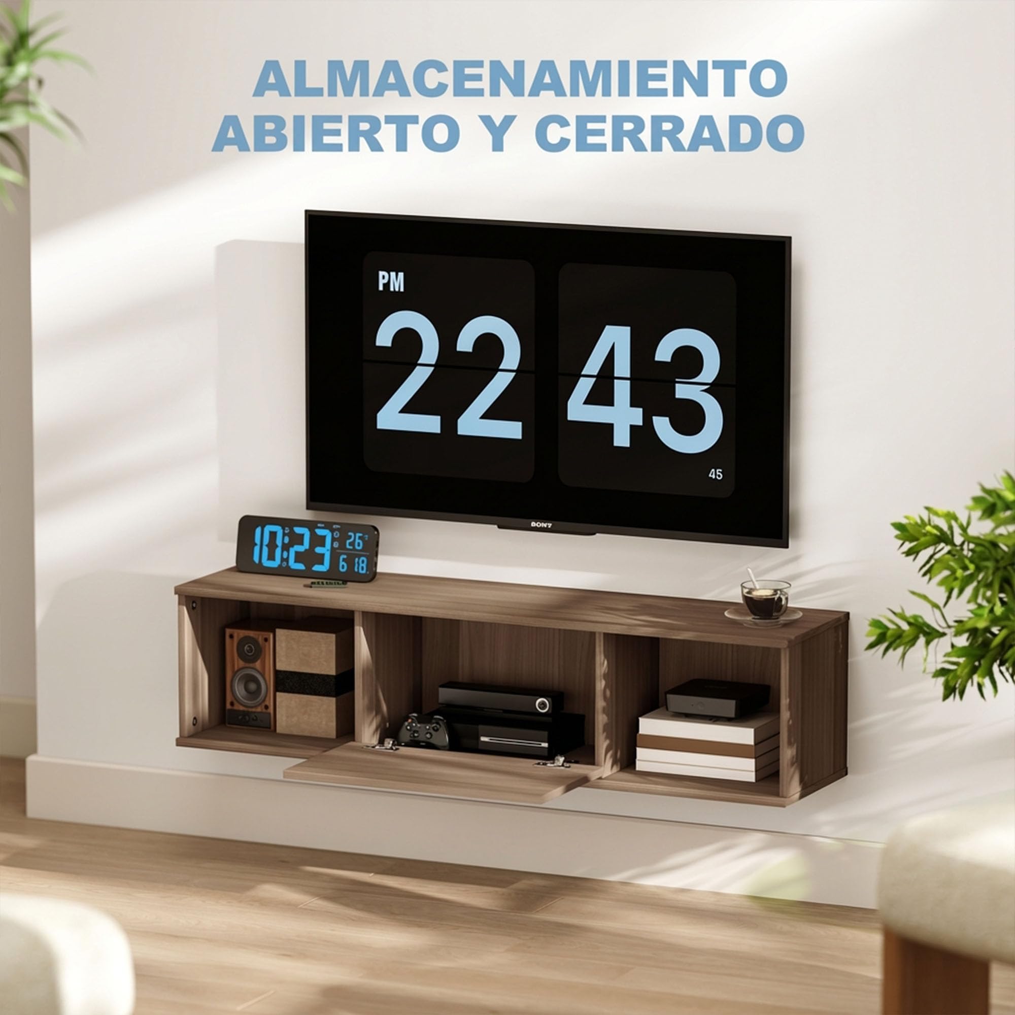 HOMCOM Armario de Pared 2 Compartimentos Mueble TV 120x30x29,5 cm Marrón | Abiertos, Puerta Abatible, Armario de Almacenaje Colgante, Salón Cocina Baño