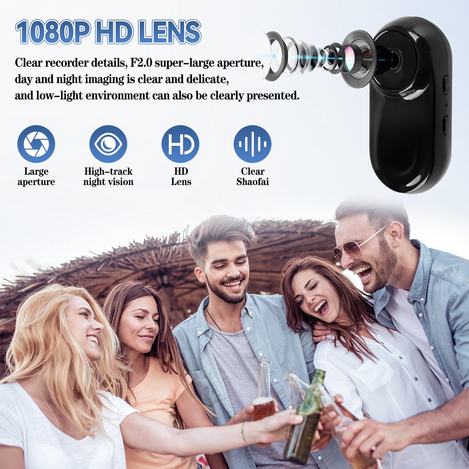 Mini cámara de acción para el pulgar 1080P HD, cámara corporal portátil para vlogging con gran angular de 130°/F2.0, cámara de video portátil con audio para vlogging, viajes, deportes