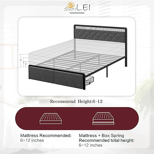 Miniatura 26 de SUNLEI Base de cama Queen con luz LED y 2 cajones, plataforma de metal con estación de carga y cabecera de almacenamiento de tela de lino, listones