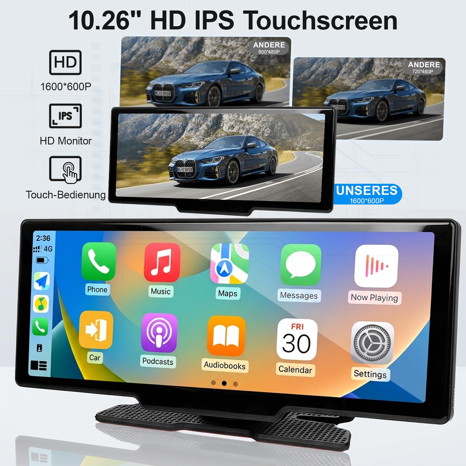 10,26 Zoll Car Play Display - Wireless Android Auto-anzeige Carplay Display mit Navigation 4K Dashcam 1080P Rückfahrkamera IPS Touchscreen Bluetooth Mirror Link Split Screen FM Radio/AUX 64G TF