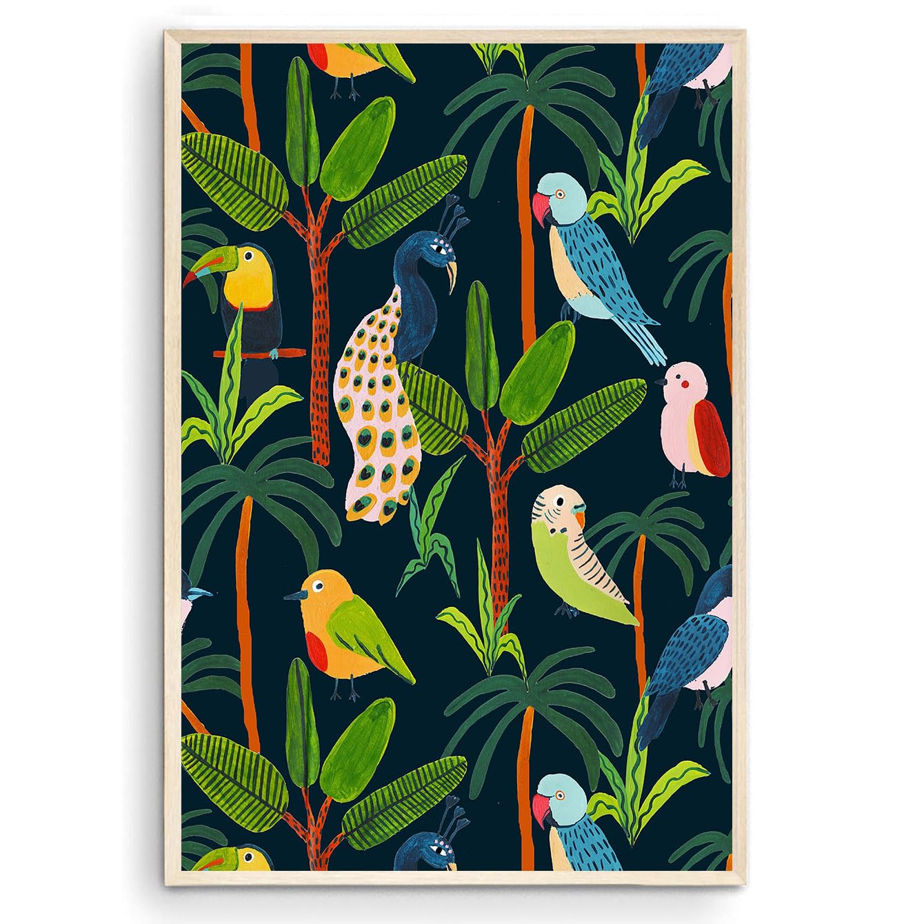 Nationcog Bird Painting Parrot Peacock Toucan Botanical Print Tropical Animal Prints Nursery Wall Art Nature Print Home Decor (Unframed) (24x36)