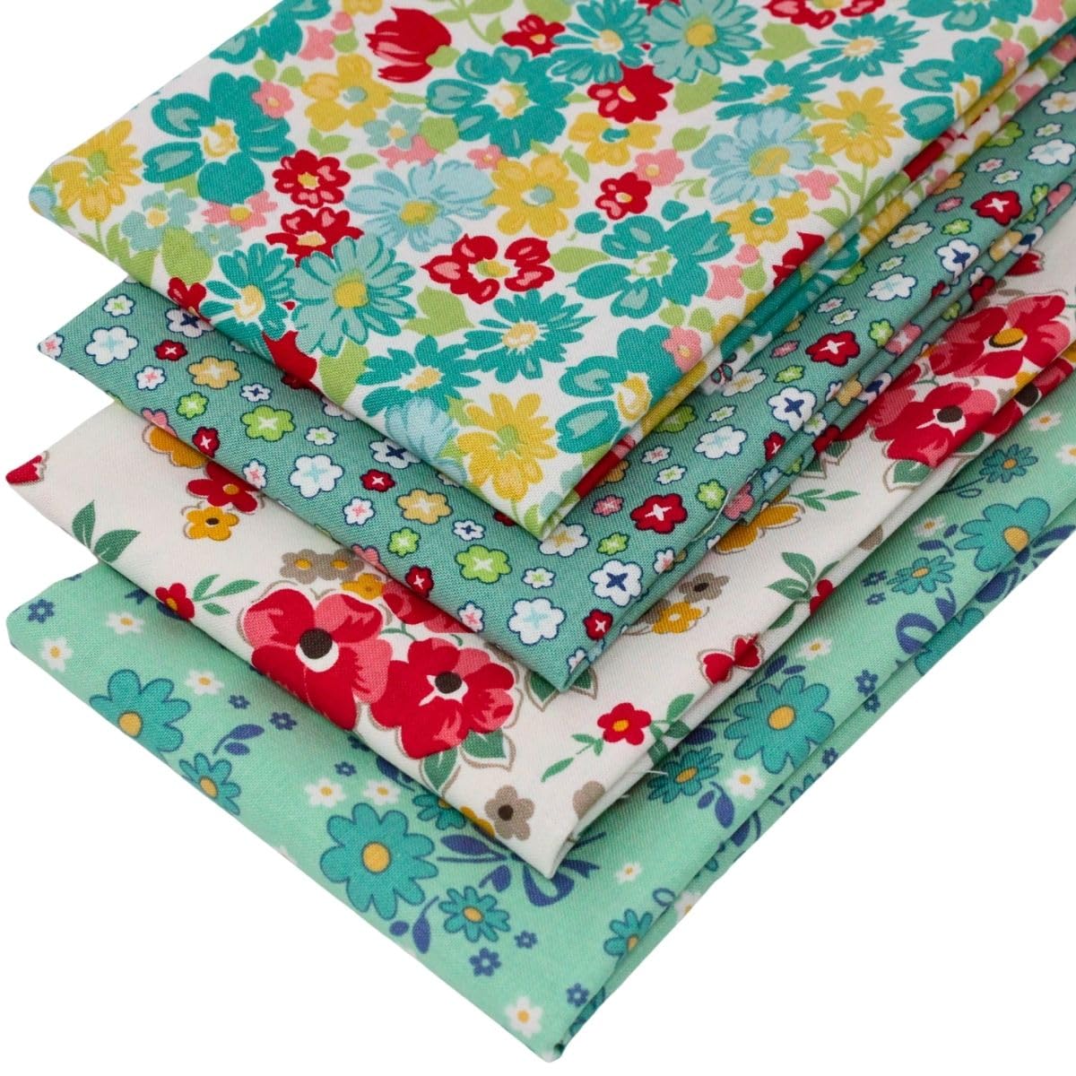 Overdale Fabrics Green, Red, Yellow 4 Fat Quarters Bundle – Spring Blooms - Fabrics Featuring Bold Floral Designs In Red And Green. 100% Cotton For Quilting, Patchwork & Crafting (With Free Patchwork Pattern By Overdale Fabrics)