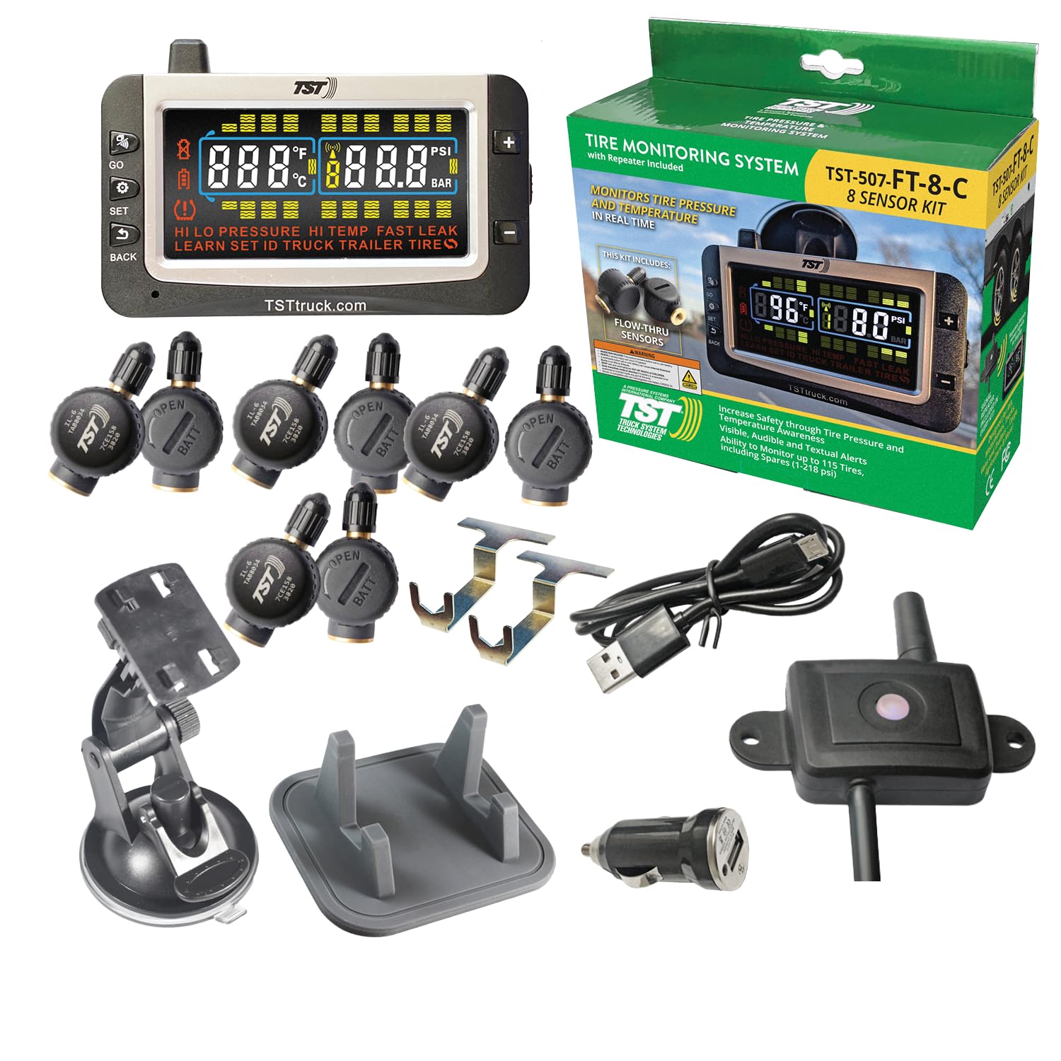 TST 507 Series TPMS - RV Tire Pressure Monitoring System with 8 Flow Thru Sensors & Color Display Monitor for Travel Trailers, Campers and Motorhomes (Metal Valve Stems Required for Flow Thru)