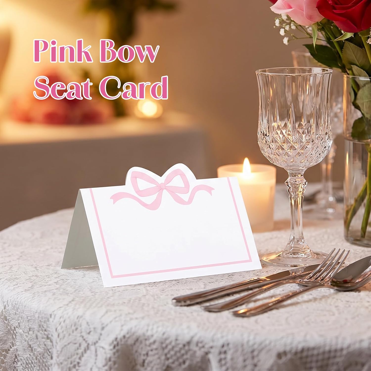 SHENLIU 50 Pcs Pink Bow Table Name Cards, 2 x 3.5 Inch Folded