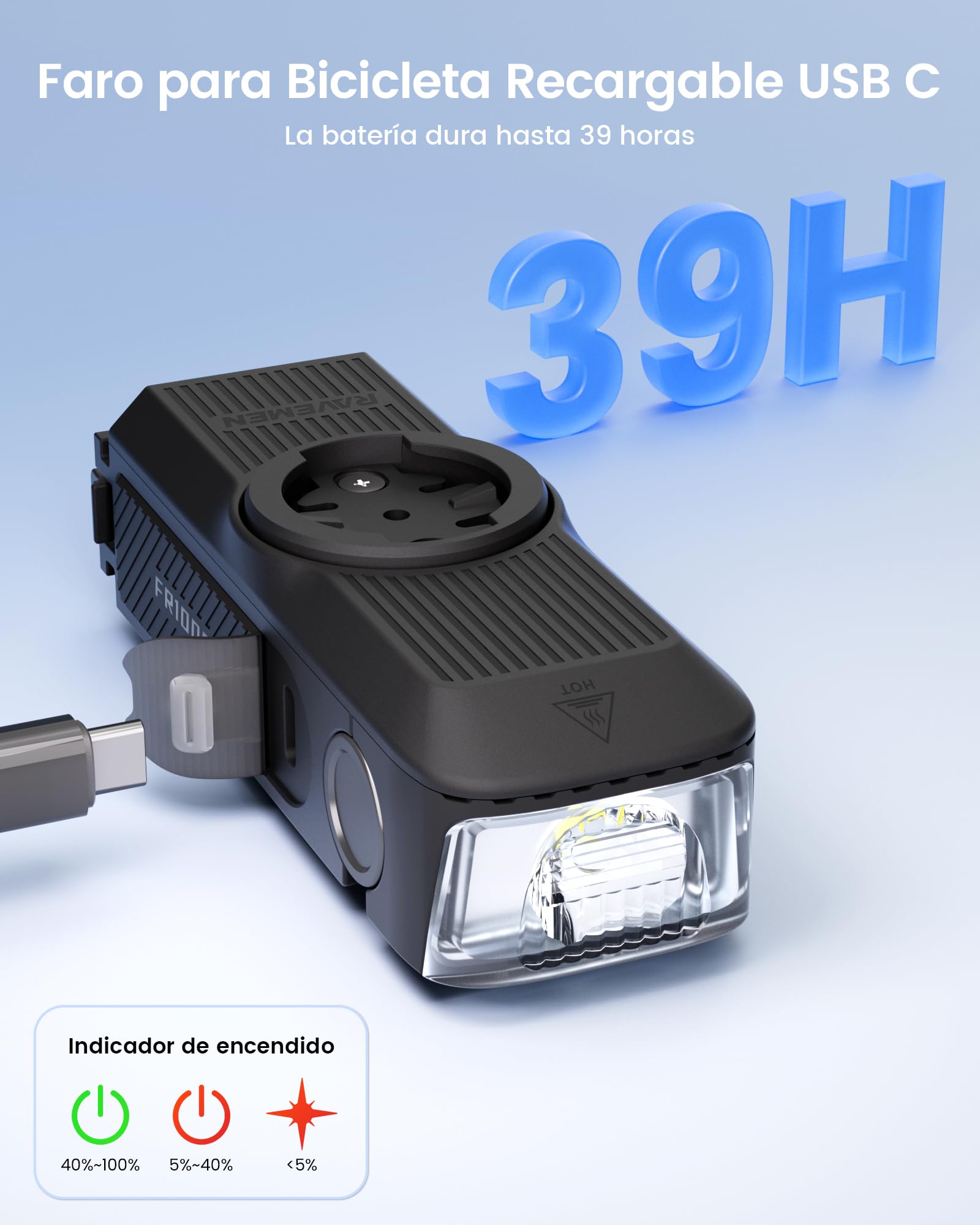 RAVEMEN FR1000 Faro Delantero Bicicleta para Iluminación Nocturna y Visibilidad Diurna Compatible con Garmin/Wahoo/Bryton Ciclocomputadores, Luz y Soporte Integrados, Encendido/Apagado Automático