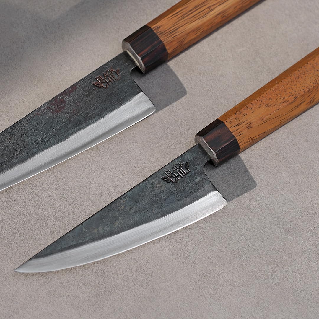 Küchenmesser Set (2-teilig) | Santoku Messer & Gemüsemesser mit Eisenholz Griff | 13 & 17 cm Carbonstahl Klinge | Kochmesser für Fleisch und Gemüse | HABANERO-17 & JALAPENO-13