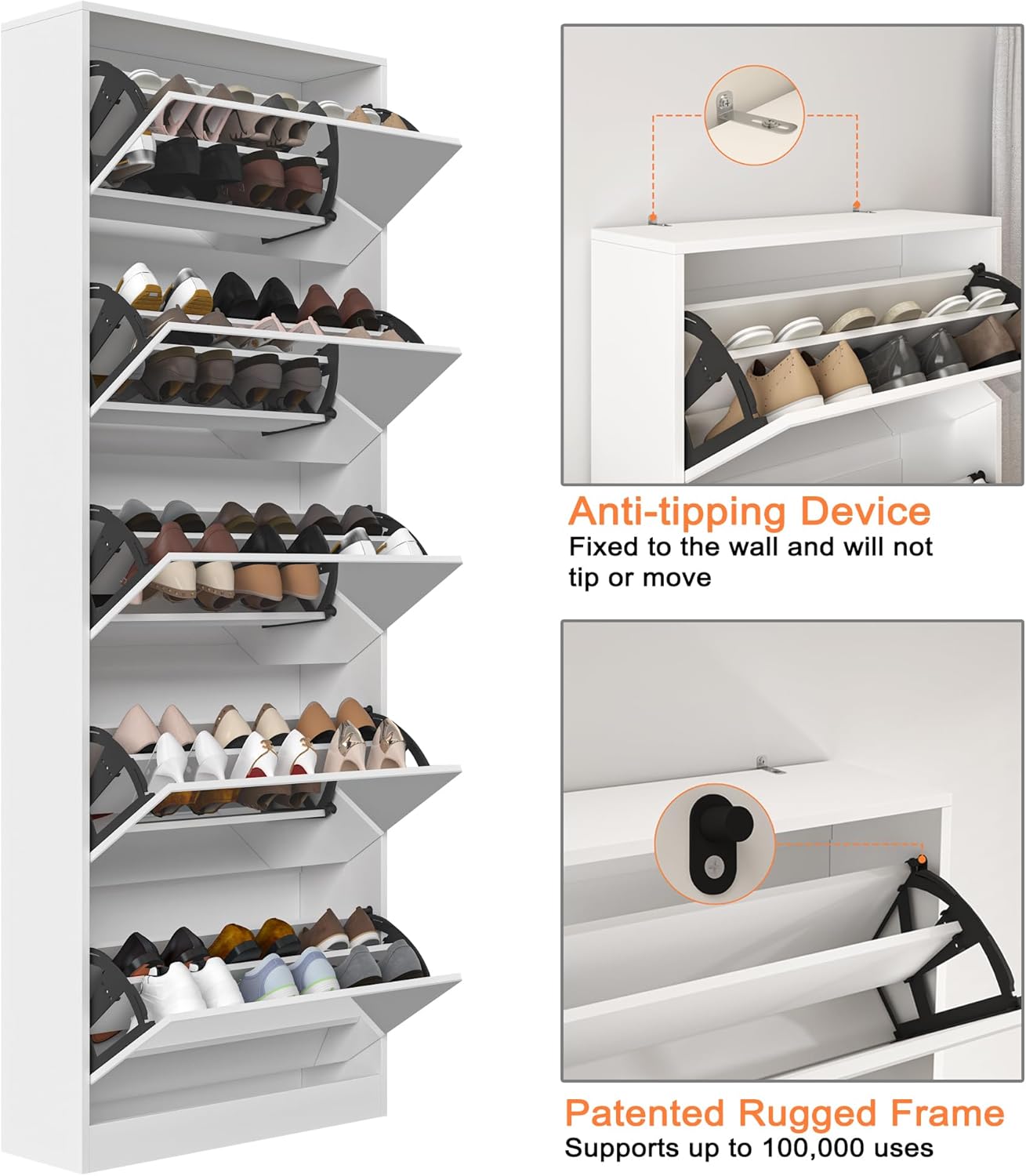 Close-up view of the anti-tipping device mechanism and the patented rugged frame of the shoe cabinet drawers.