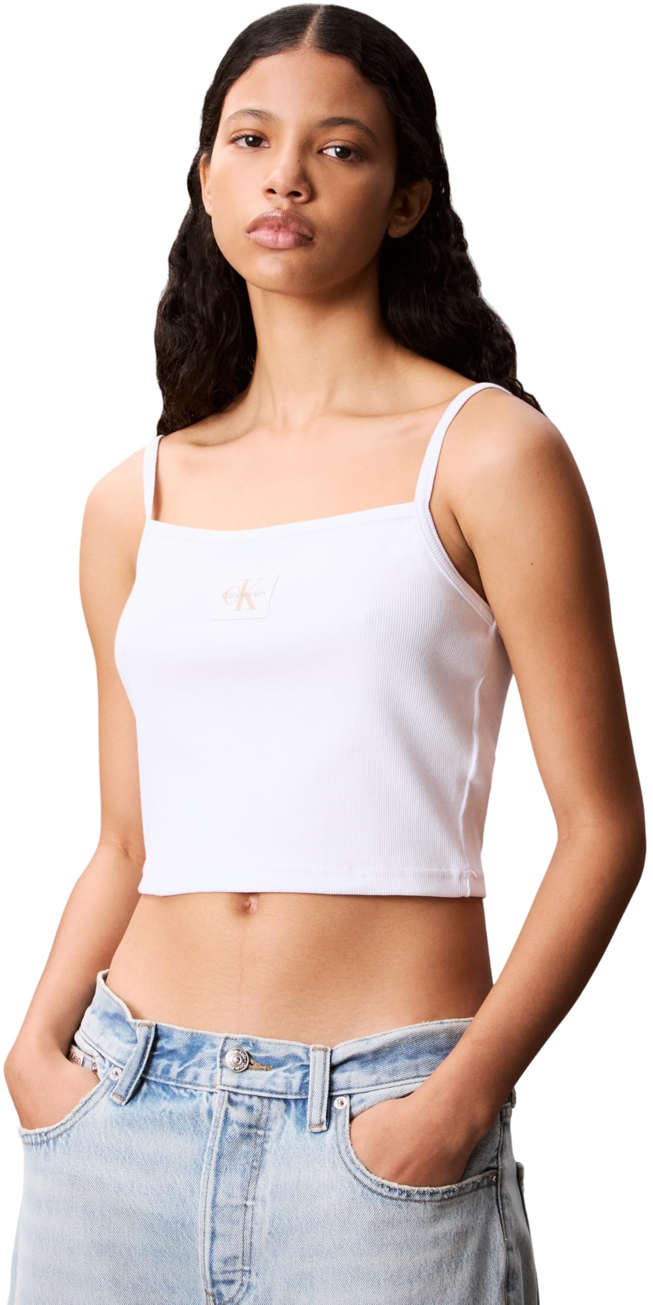 Calvin Klein Damen Tank Top Woven Label Cami Gerippt