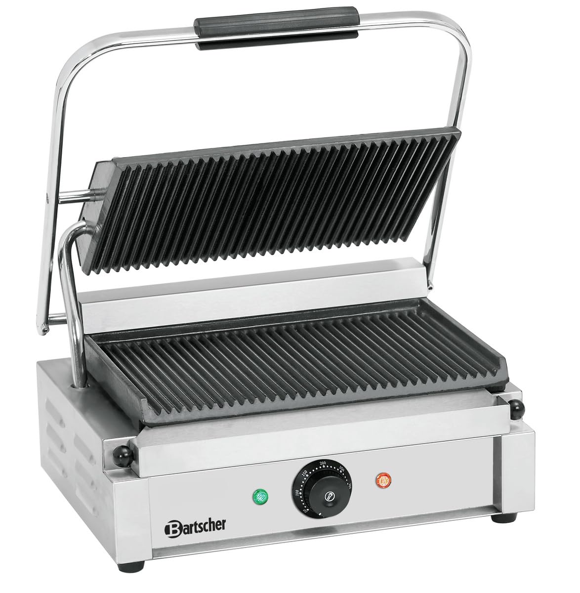 Bartscher Kontaktgrill Panini 1R – gerillte Gussplatten emailliert, 2,2 kW, Edelstahlgehäuse, für Gastronomie, mit Reinigungsbürste, silbergrau