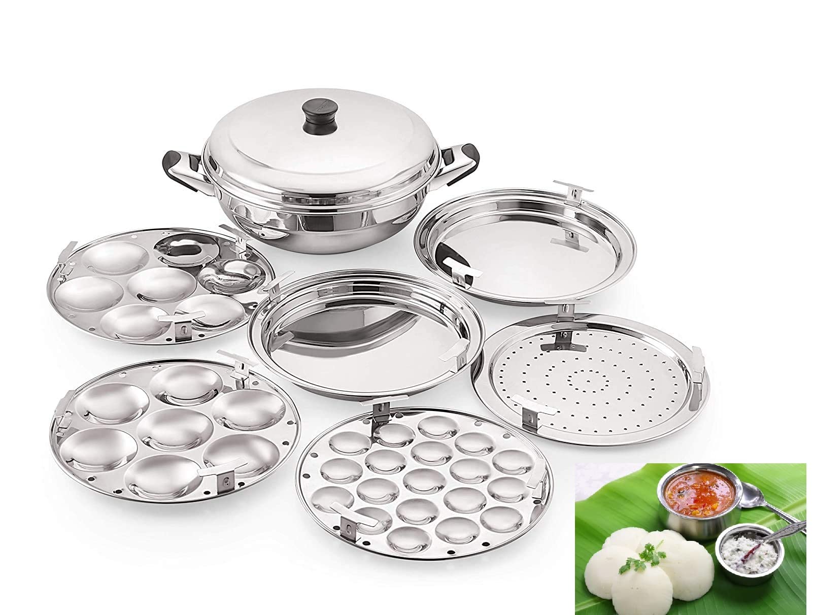 RJ kitchenware Store Multi Kadhai Stainless Steel Induction Bottom with plates, Silver idli/momos/dhokla/sambhar/frying maker kadhai pot pans (Multi kadai 6 plate)