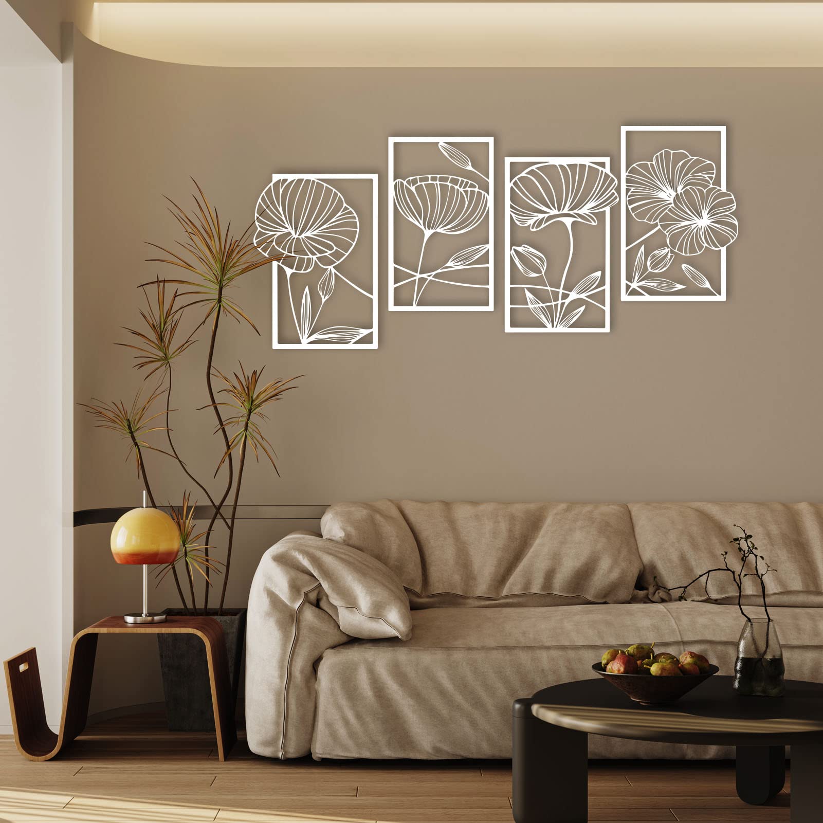 Lot De 6 Décorations Murales Métal - Motifs Fleurs Et Feuilles - 25x25 Cm - Noir - Pour Salon, Chambre, Bureau