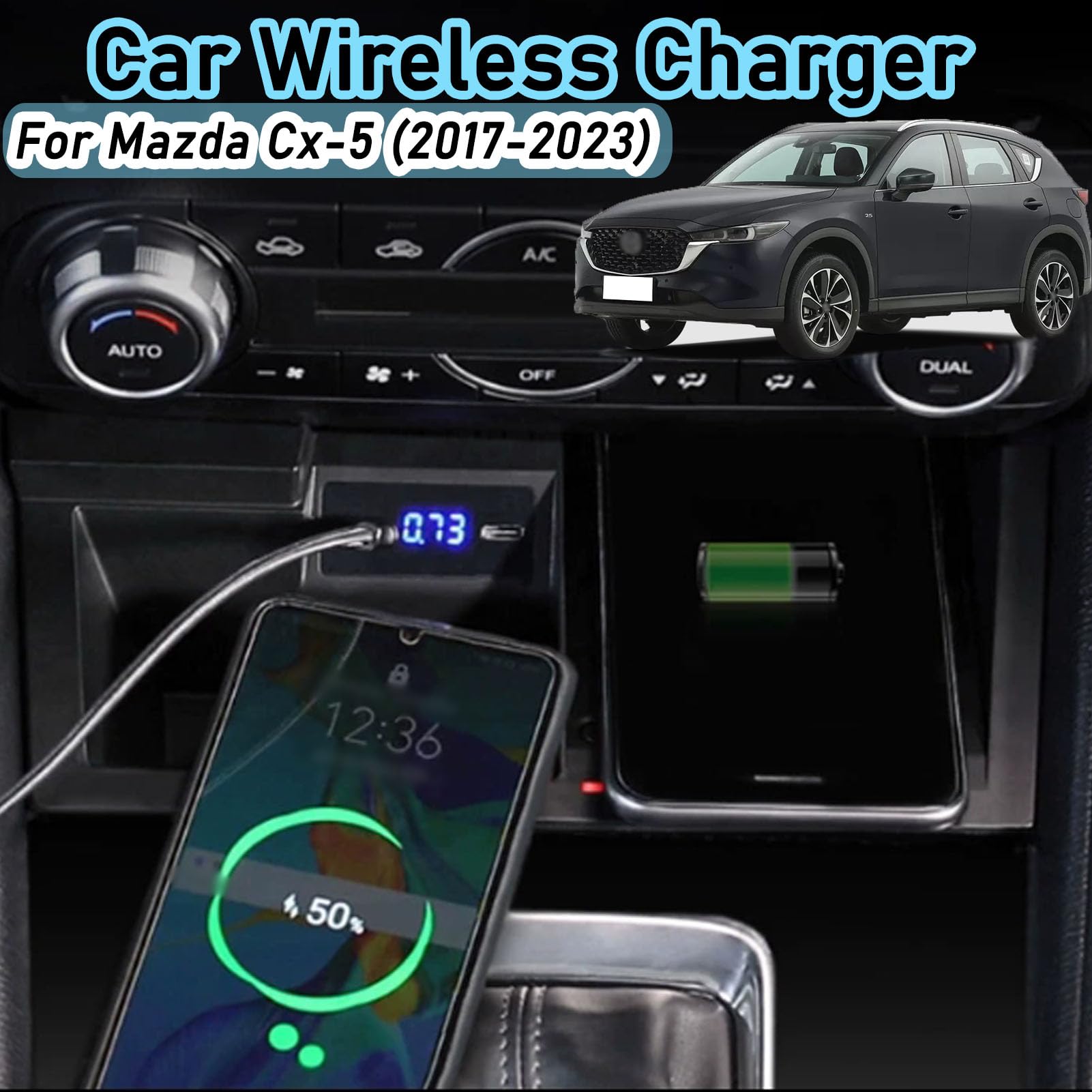 Caricabatterie Wireless per Auto per Tutti i Modelli Cx-5 Accessorio con 15 W Wireless e USB Qc3.0 Ricarica Rapida Regalo per la Famiglia