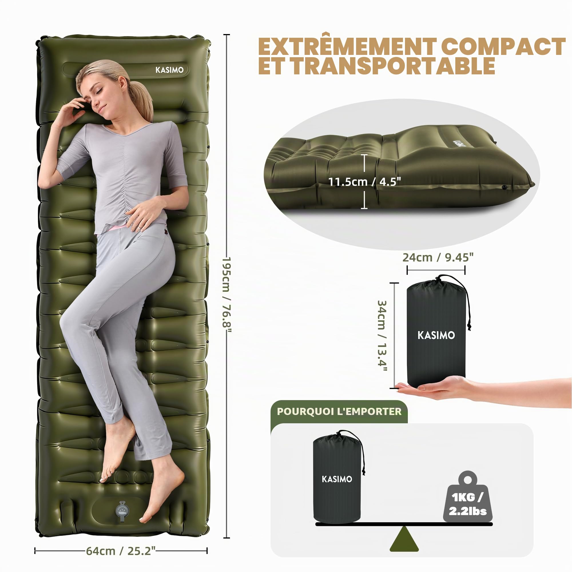 KASIMO Matelas Camping 1 Place 12cm d'épaisseur Matelas autogonflant avec Oreiller & Pompe à Pied intégrée Matelas randonnée Ultra léger Matelas Gonflable Camping pour Tente et Bivouac, Vert