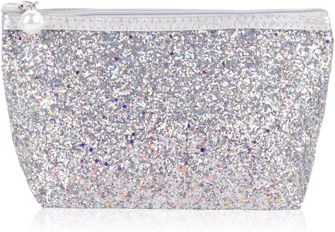RIAH FASHION Pouch Clutch Organizer Bag - Travel Cosmetic Makeup Toiletry Jewelry Cute Sequin Purse Adjustable Strap (Glitter Cosmetic Zip Bag - Silver)