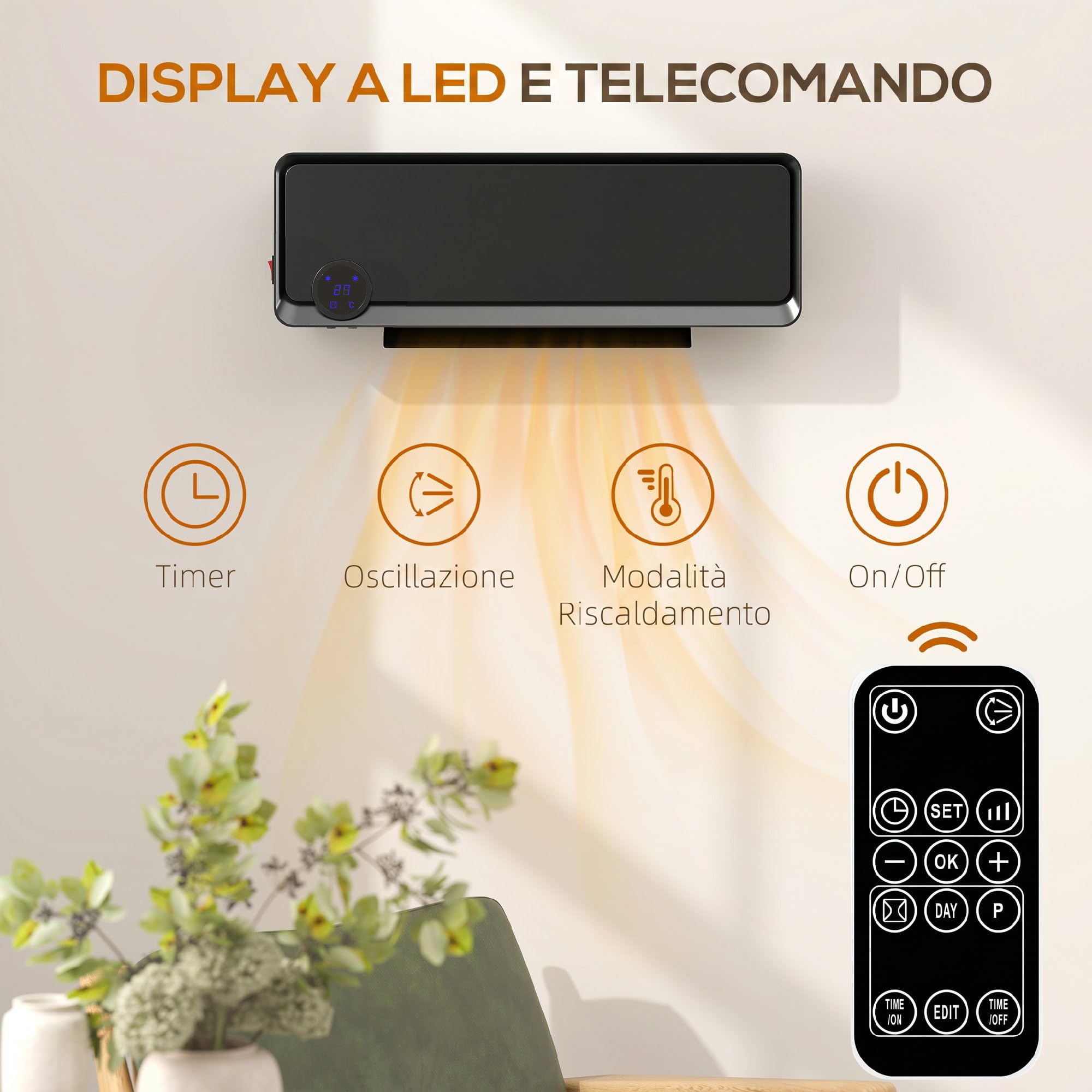 HOMCOM Stufa Elettrica da Parete PTC 56x18.5x11.7 cm Nero | Basso Consumo, 3 Modalità, Timer 12h, Oscillazione 30°, Termosifone Elettrico in PP e PA, con Telecomando